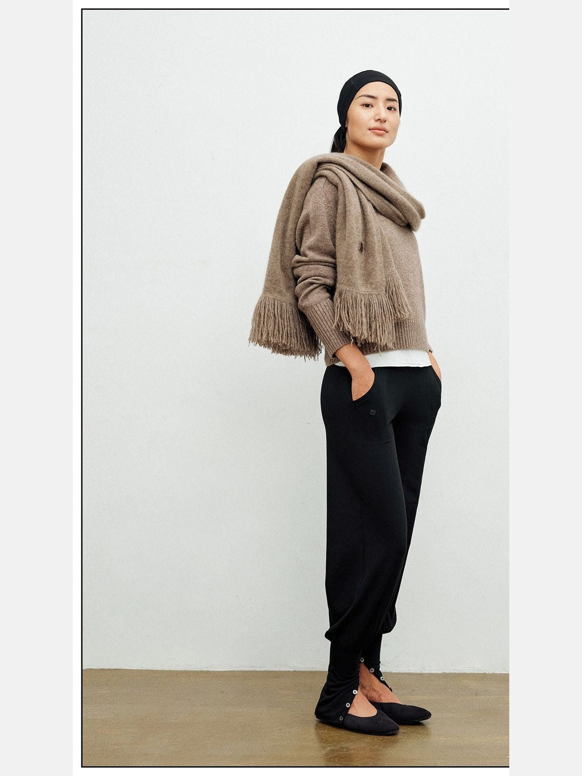 FaxCopyExpress Fold Over Waist Tapered Trousers in Black - On Model