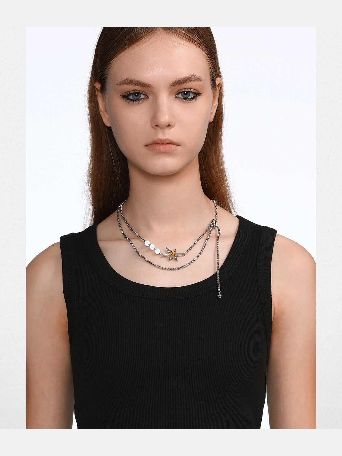BLACKHEAD Star Pendant Pearl Layered Necklace in Gray - On Female Model