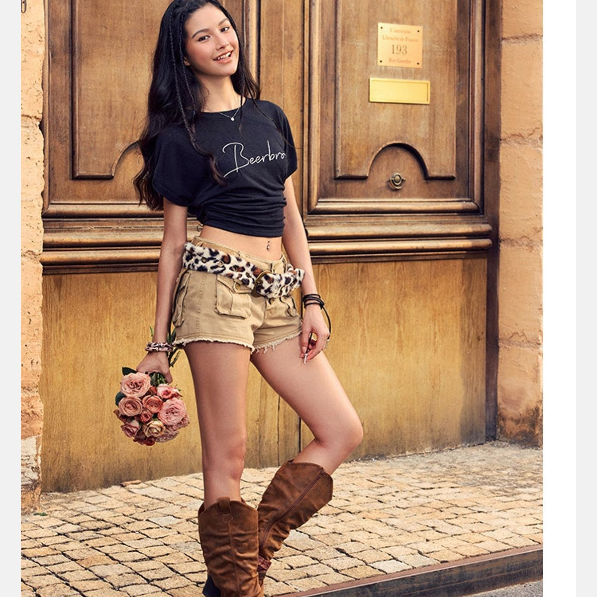 BeerBro Embroidered Tencel Cinched Tee in Black - On Model