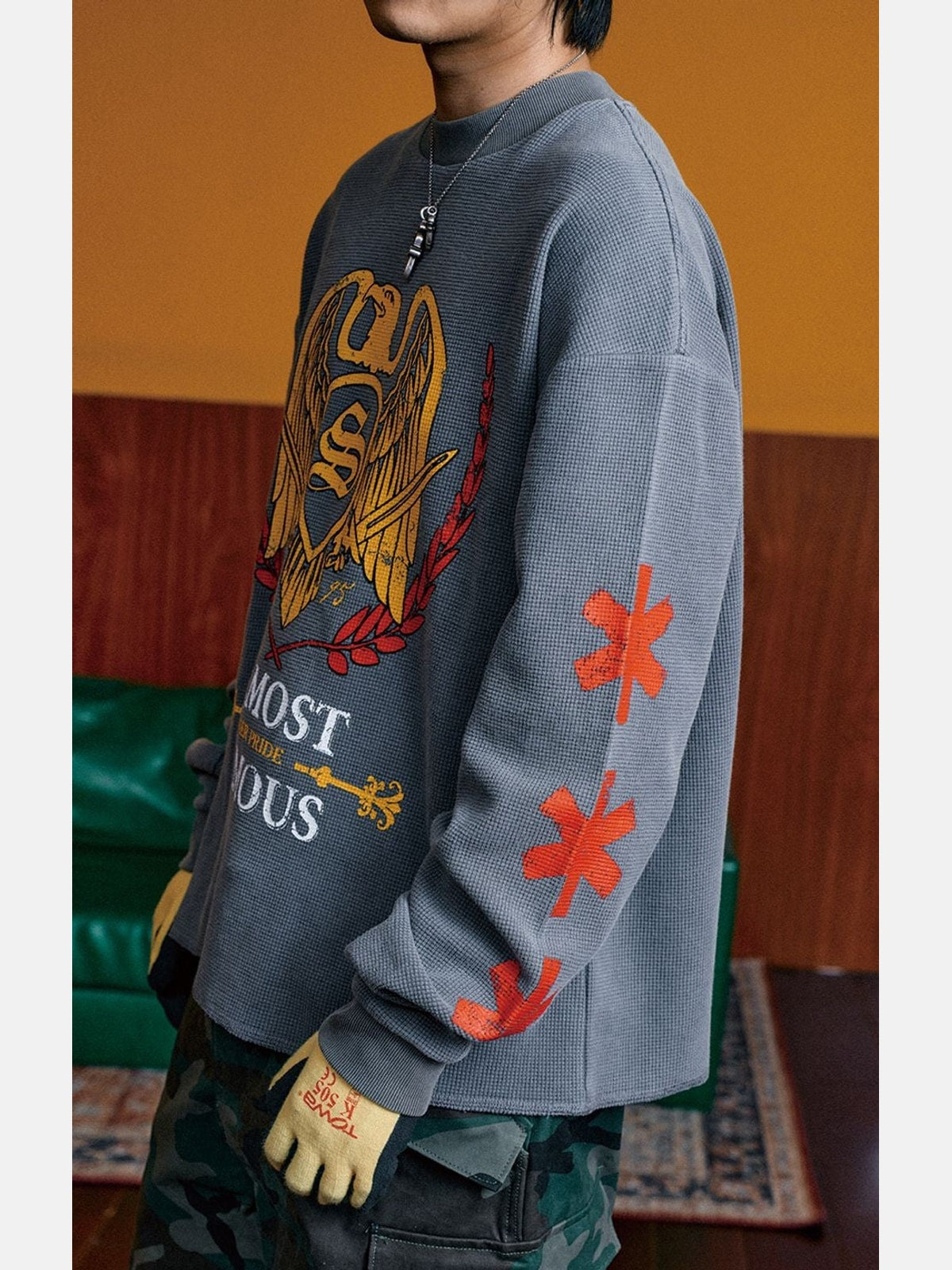 SWFI Distressed Graphic Waffle Long Sleeve in Gray - On Model