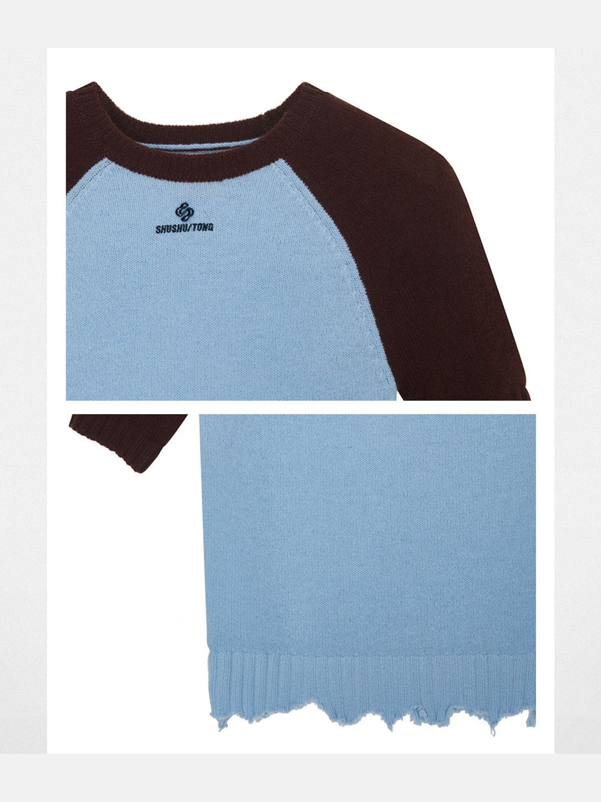 SHUSHUTONG Color Block Raw Edge Knit Top in Sky Blue - Detail