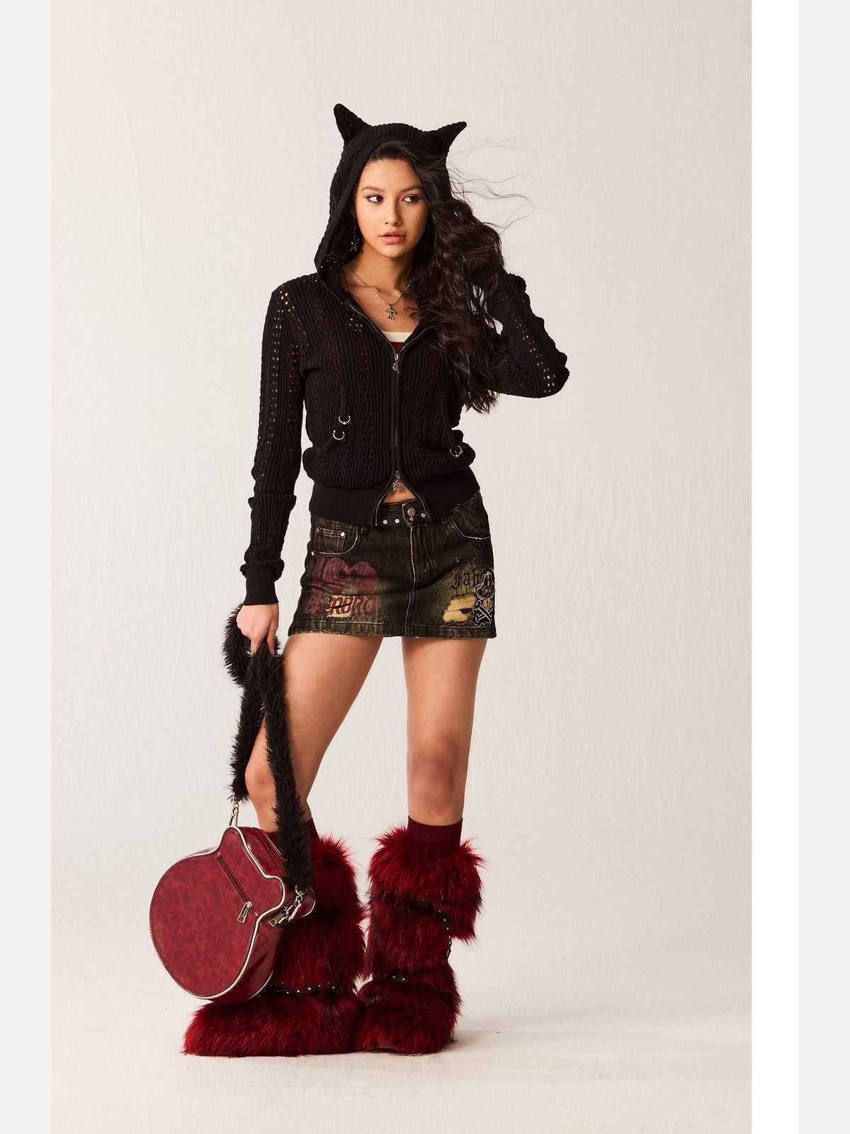 BeerBro Devil Horn Open Knit Cardigan in Black - On Model