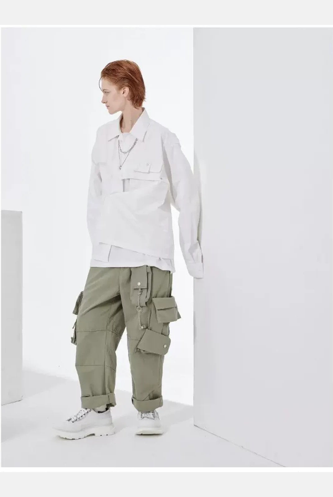 LOSTCTRL Distressed Raw Edge Cargo Pants in Olive