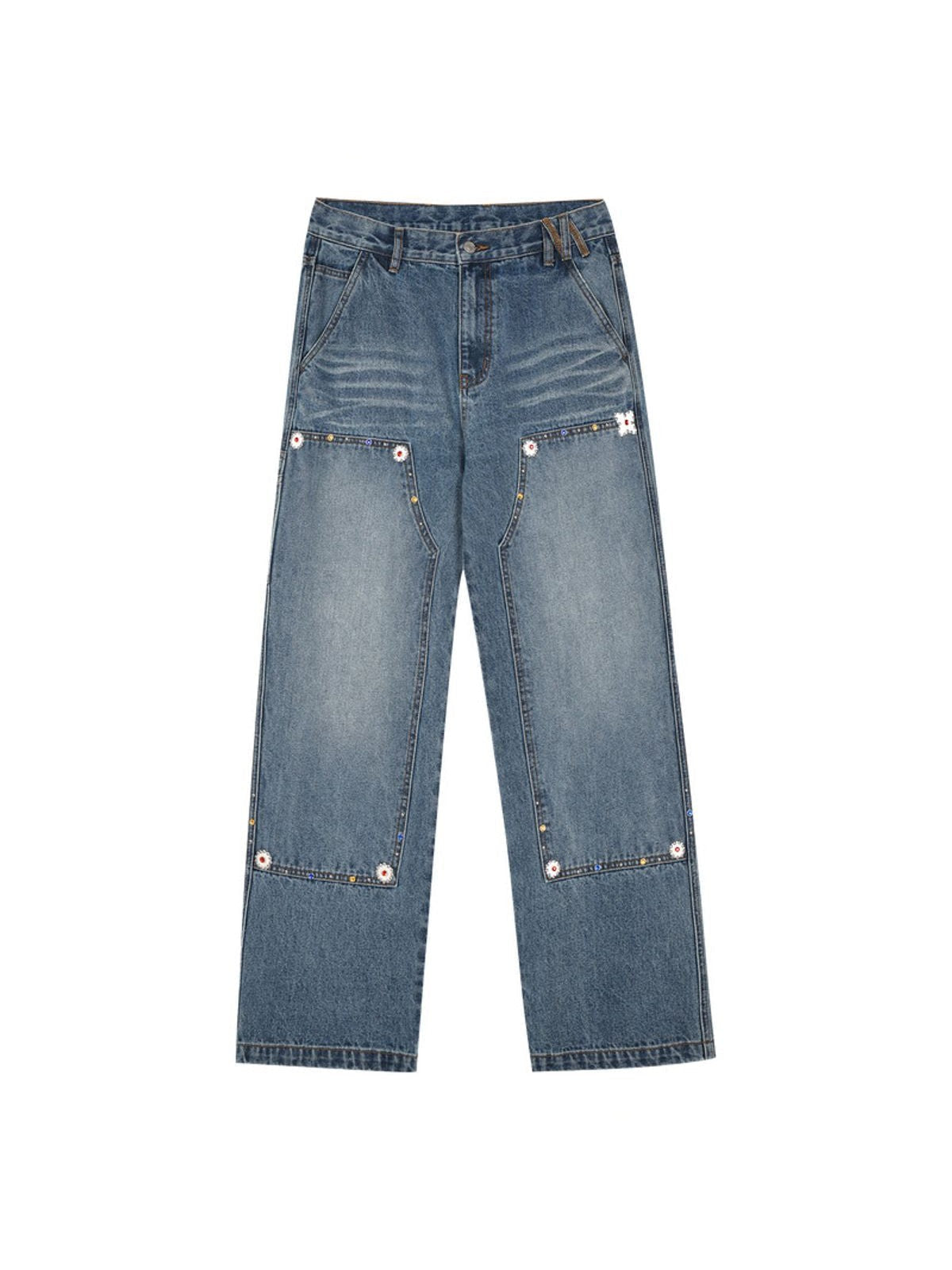 MEDM Rhinestone Double Knee Jeans in Denim