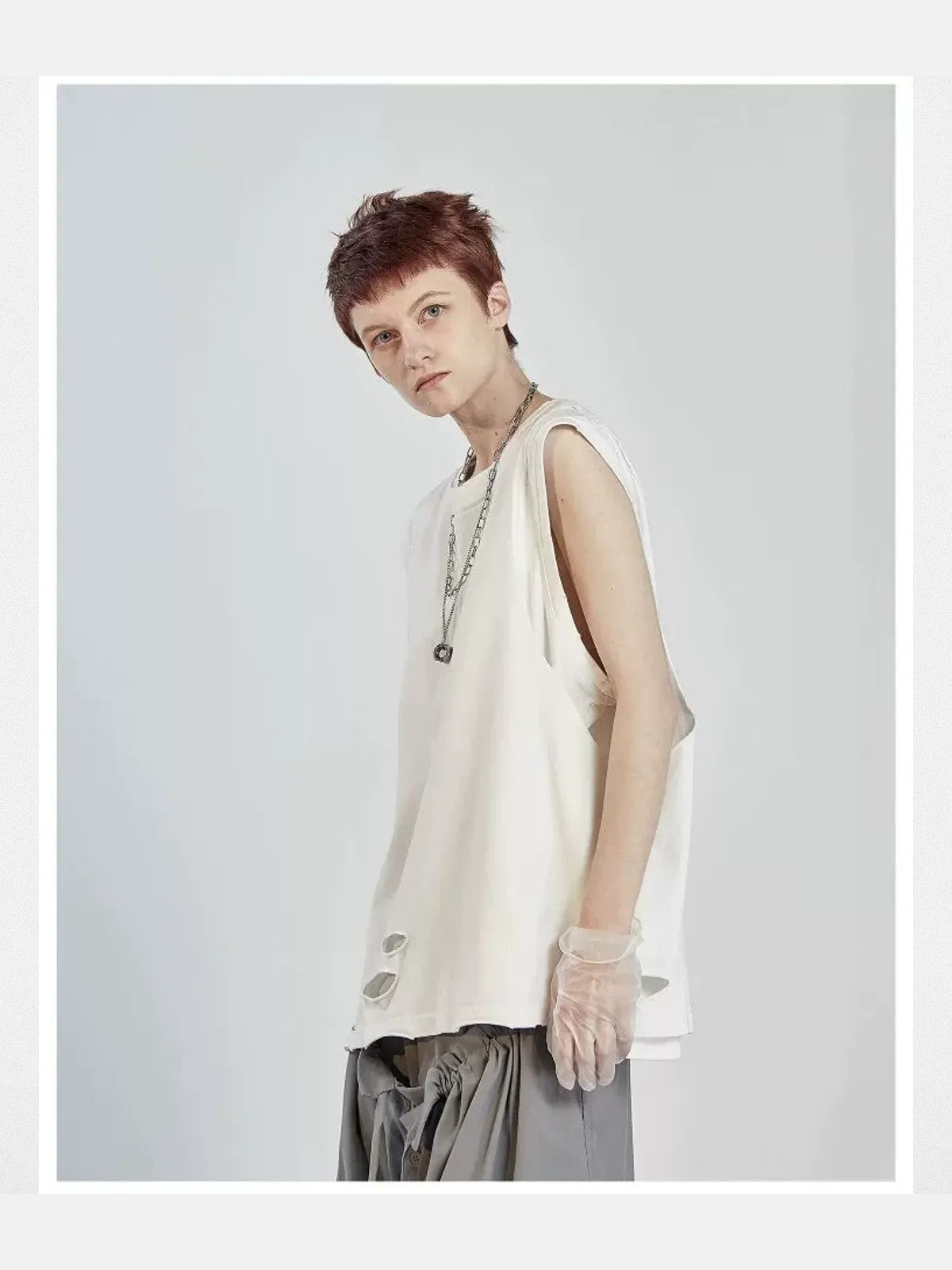 LOSTCTRL Asymmetric Distressed Layered Tank in White