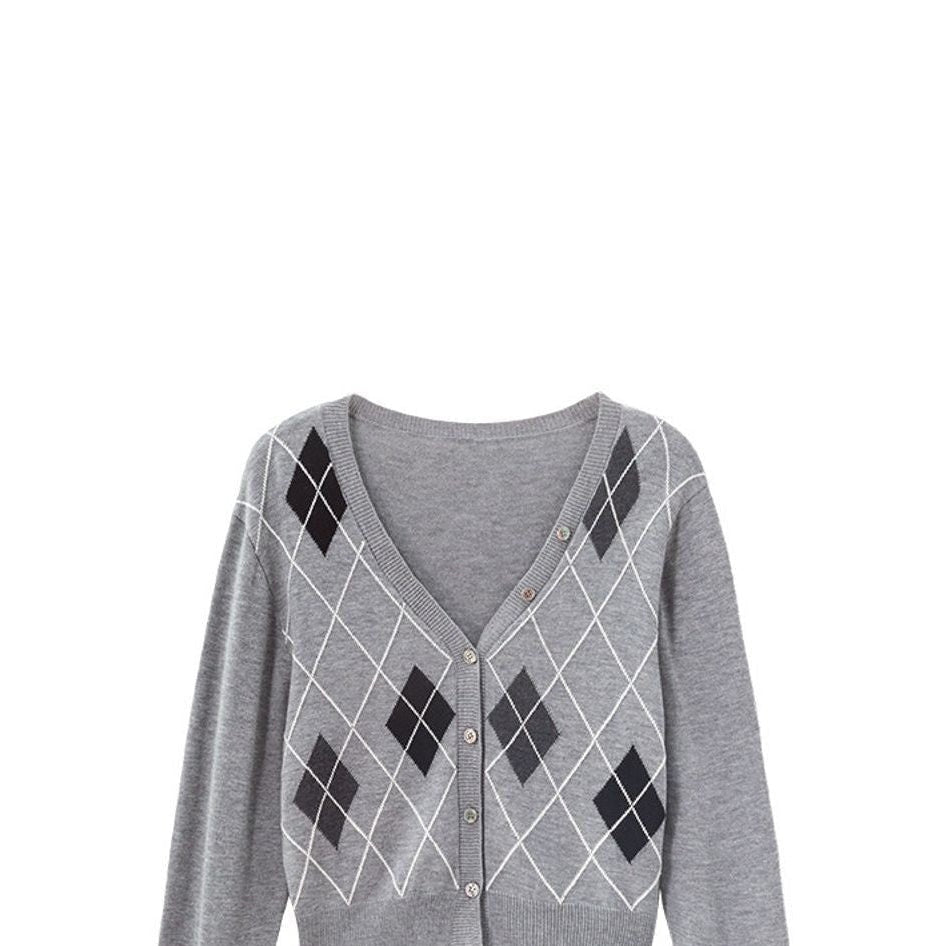 Cropped Argyle Wool Blend Cardigan