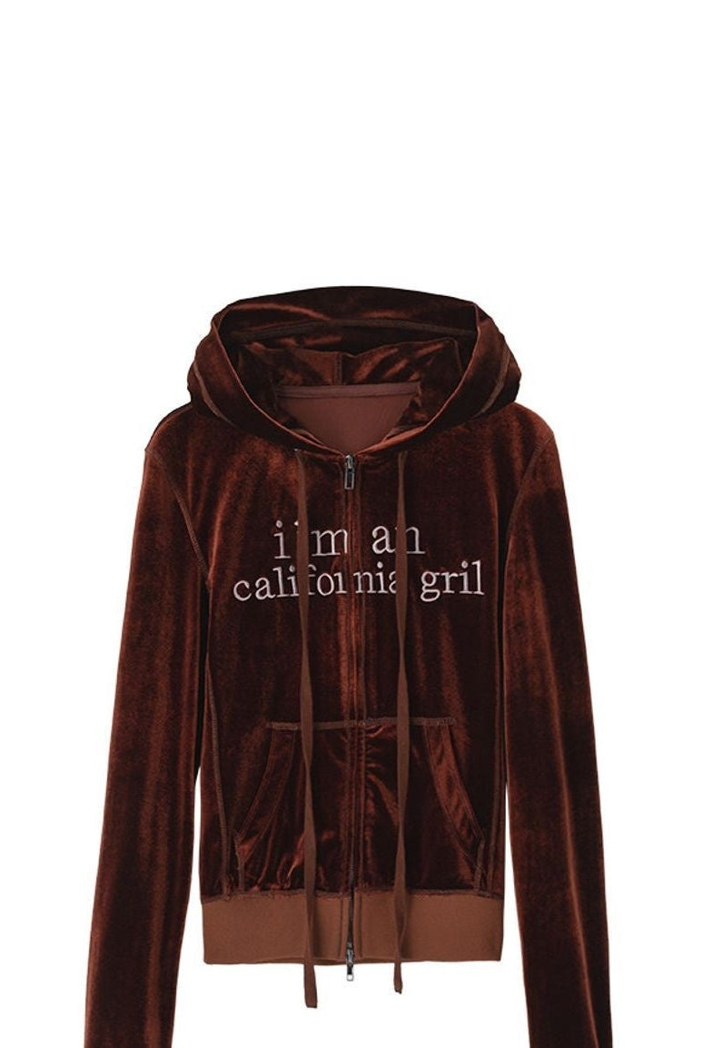 ACSENSE STUDIO Embroidered Velvet Zip Hoodie in Brown