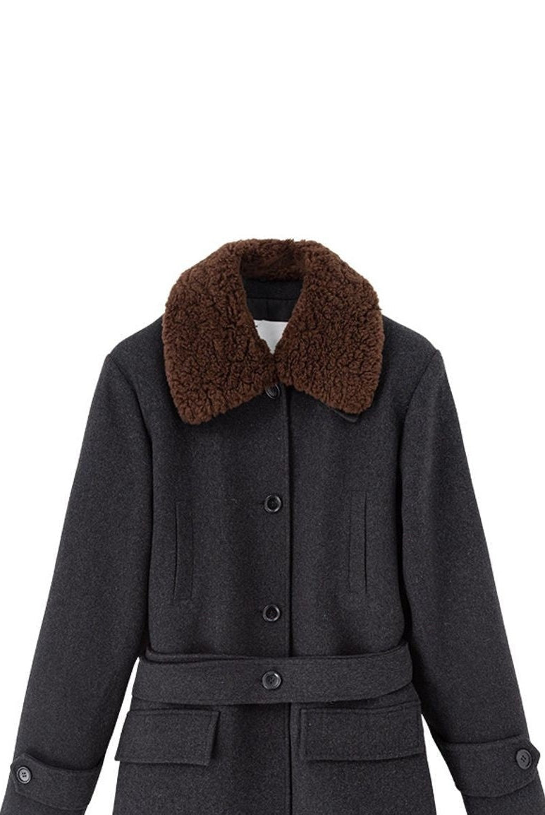 ACSENSE STUDIO Faux Fur Collar Wool Blend Coat in Gray