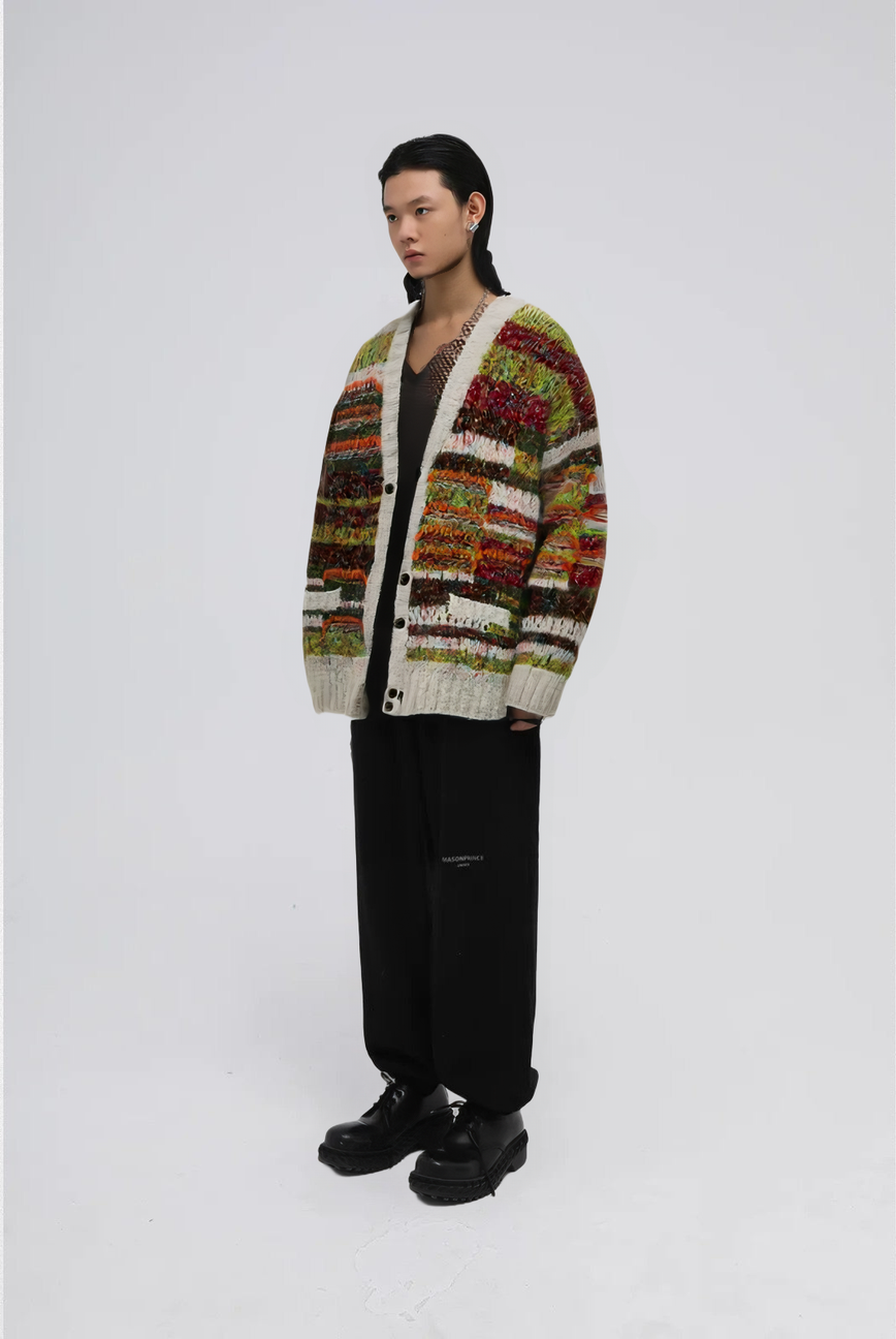 Alpaca Blend Striped Cardigan in Brown - Male Model #color_brown