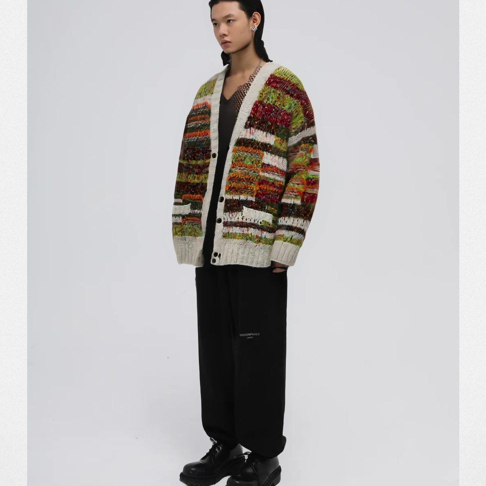 Alpaca Blend Striped Cardigan in Brown - Male Model #color_brown