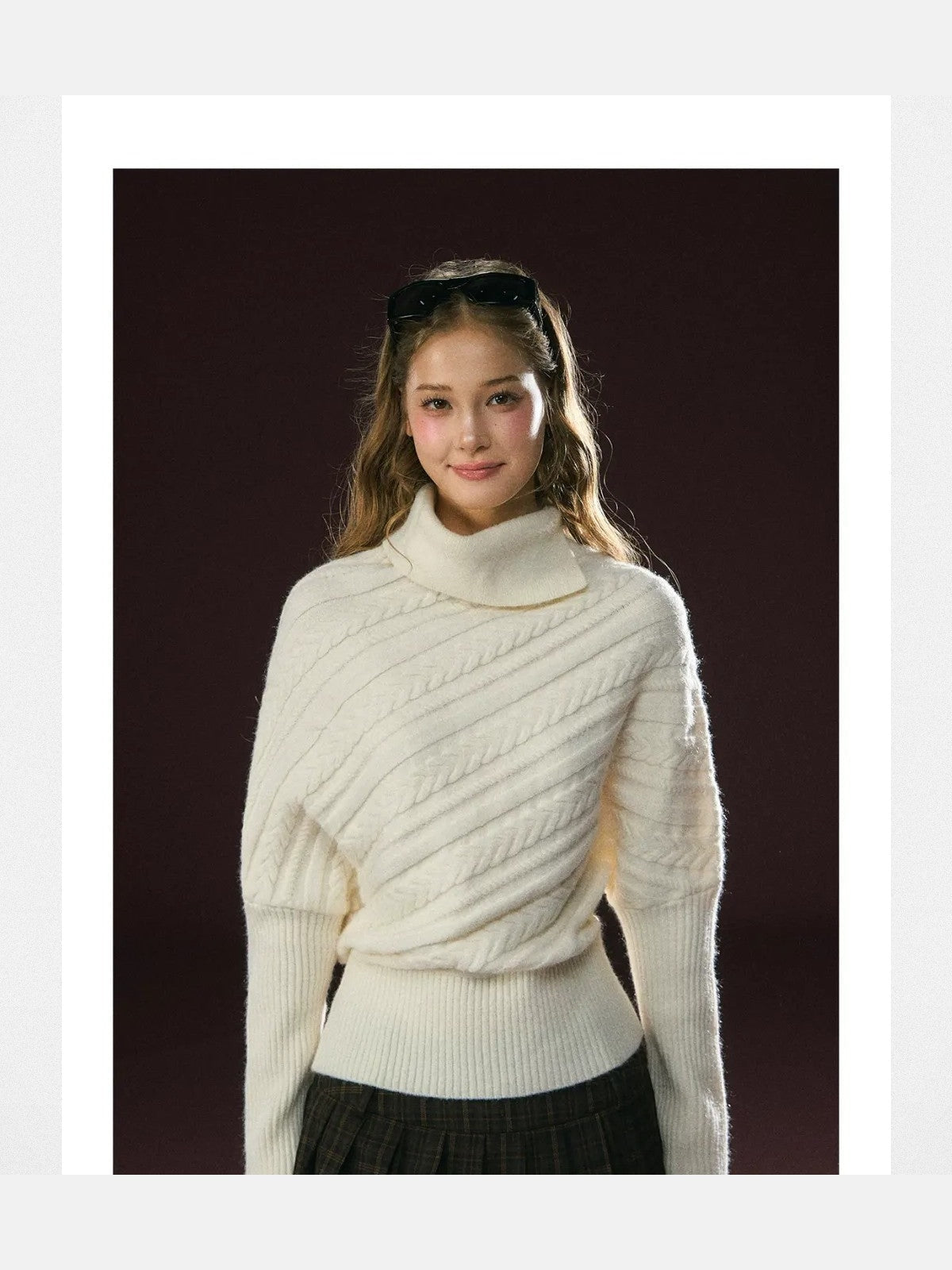 Ariseism Diagonal Cable High Neck Sweater in White - On Model