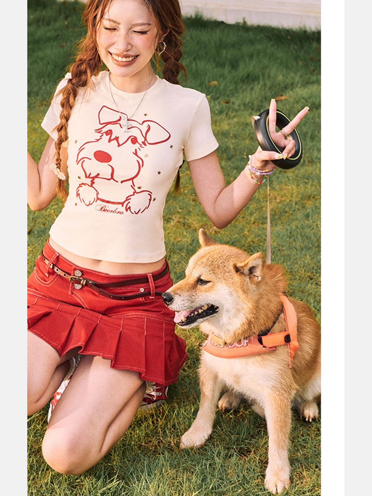 BeerBro Schnauzer Rhinestone Cropped Tee in Cream - On Model