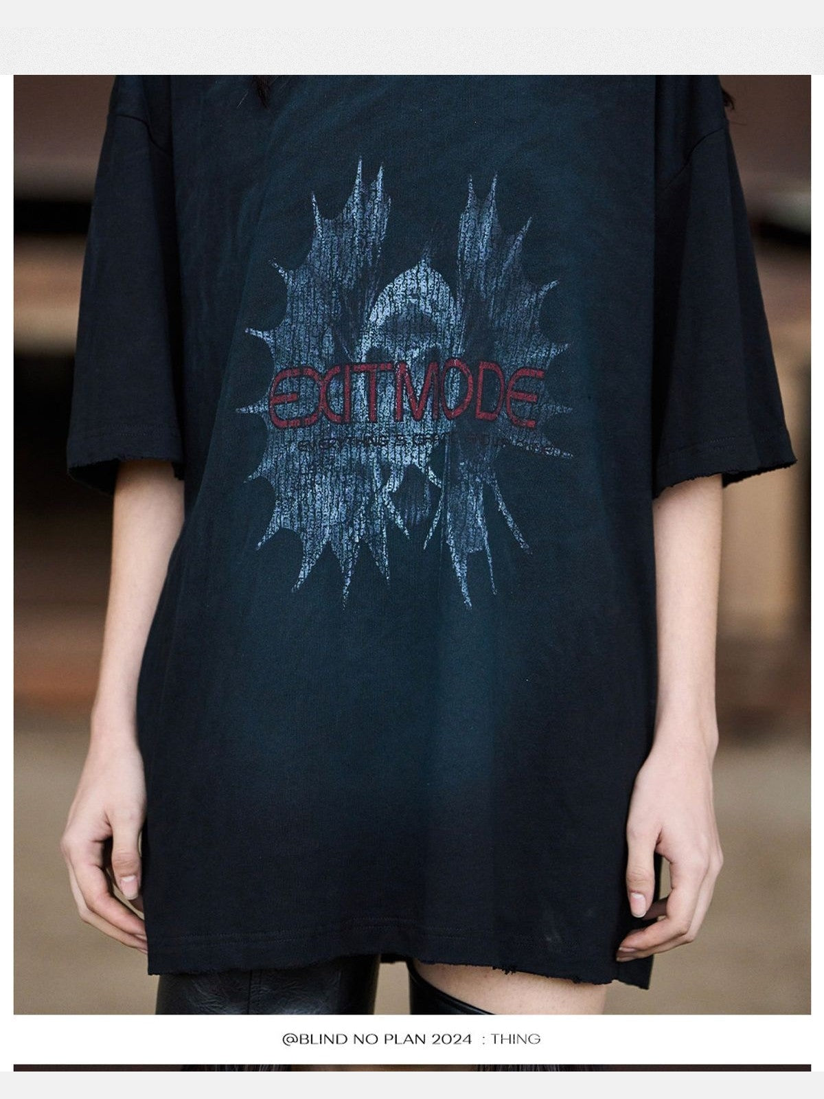 BLINDNOPLAN Washed Distressed Crackle Print Tee in Black - On Model
