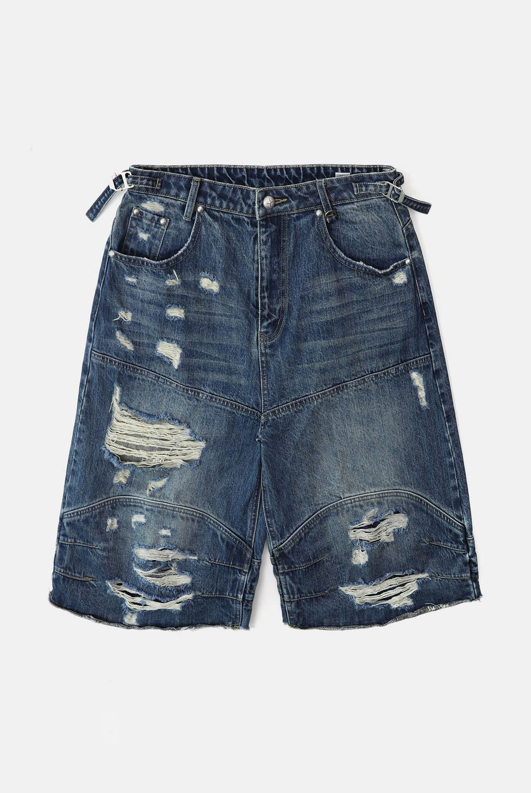 BADSEED Distressed Denim Bermuda Shorts in Medium Blue