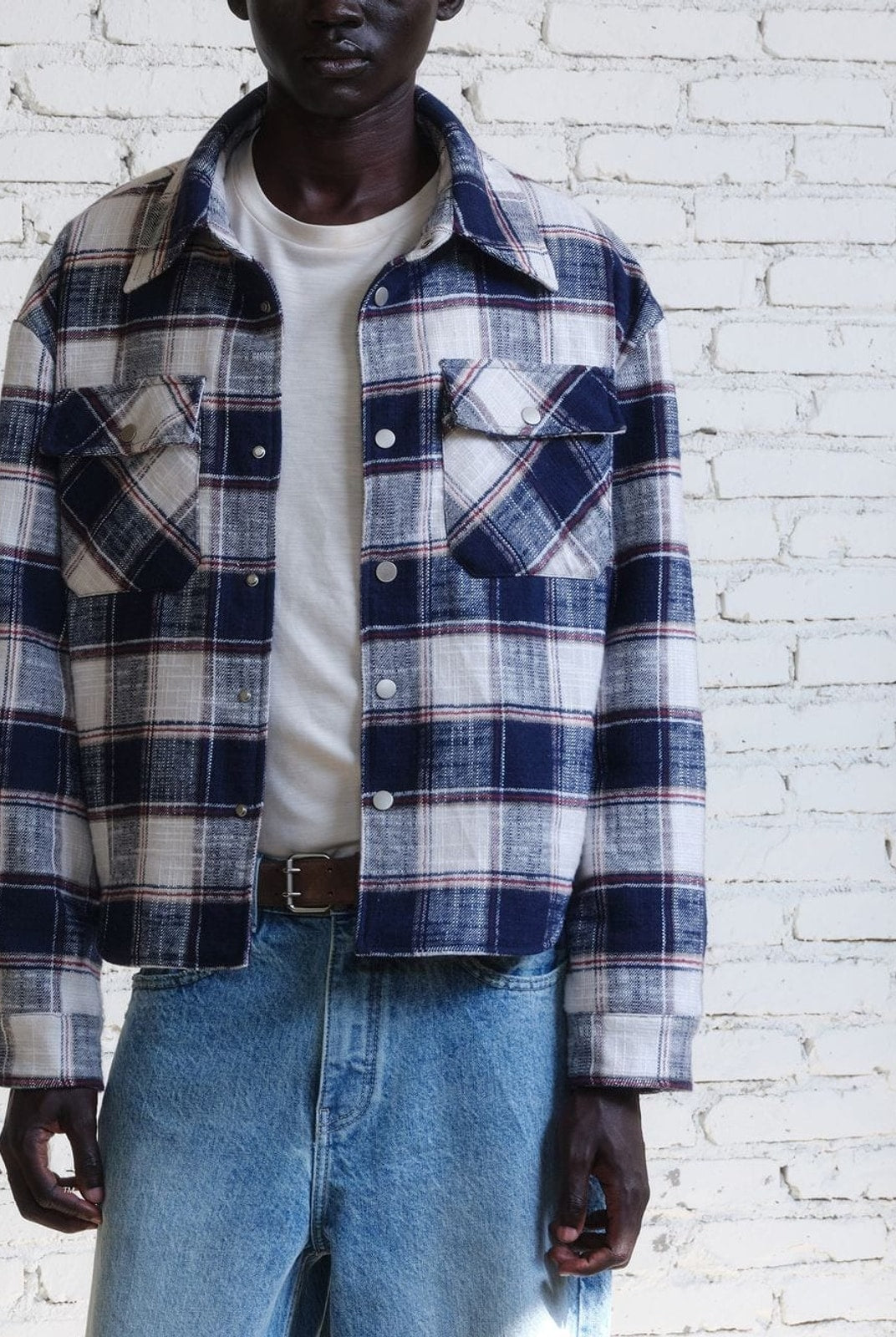 Vlabmade Brushed Plaid Thinsulate Shirt Jacket in White - On Male Model