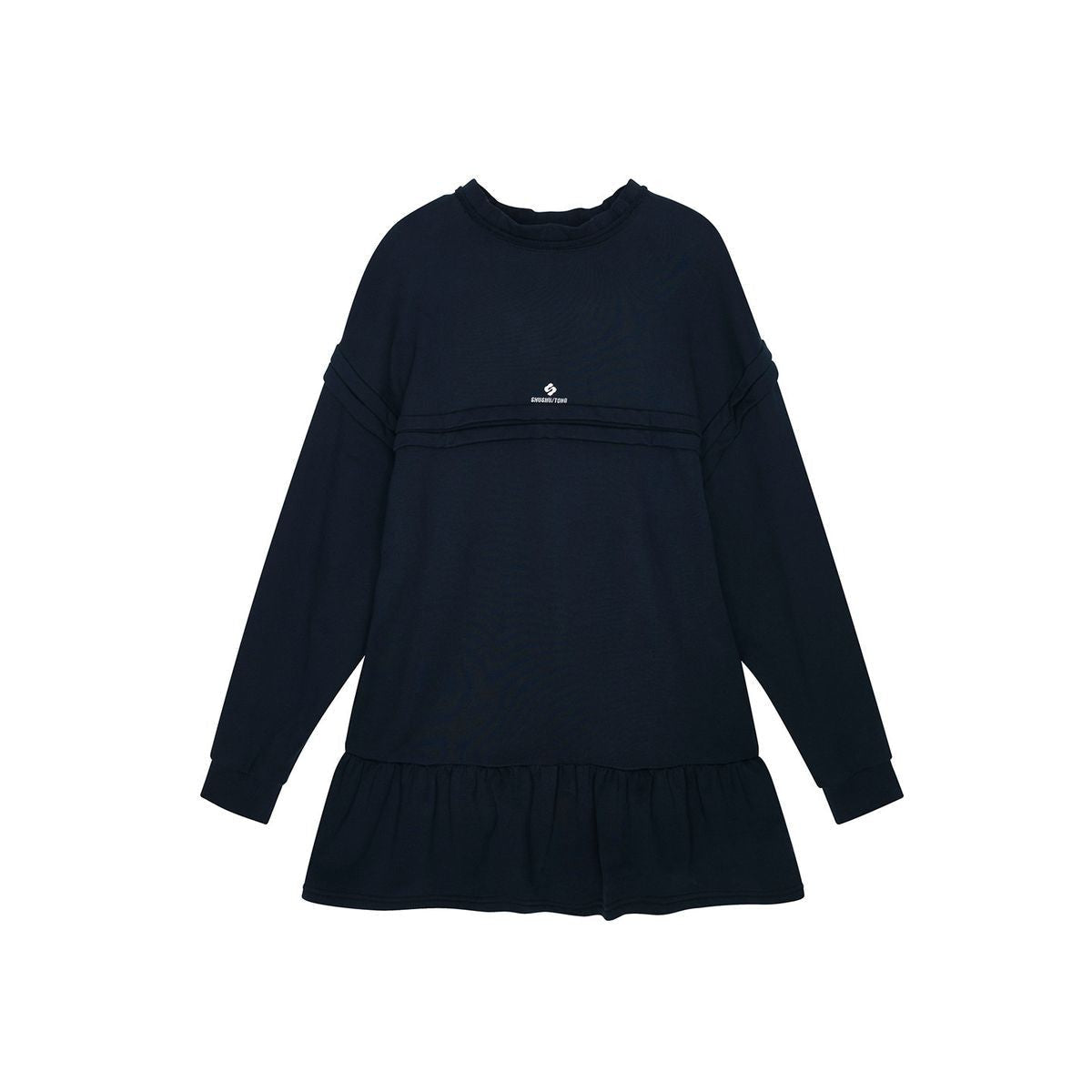 SHUSHUTONG Raw Edge Scalloped Sweatshirt Dress in Navy Blue
