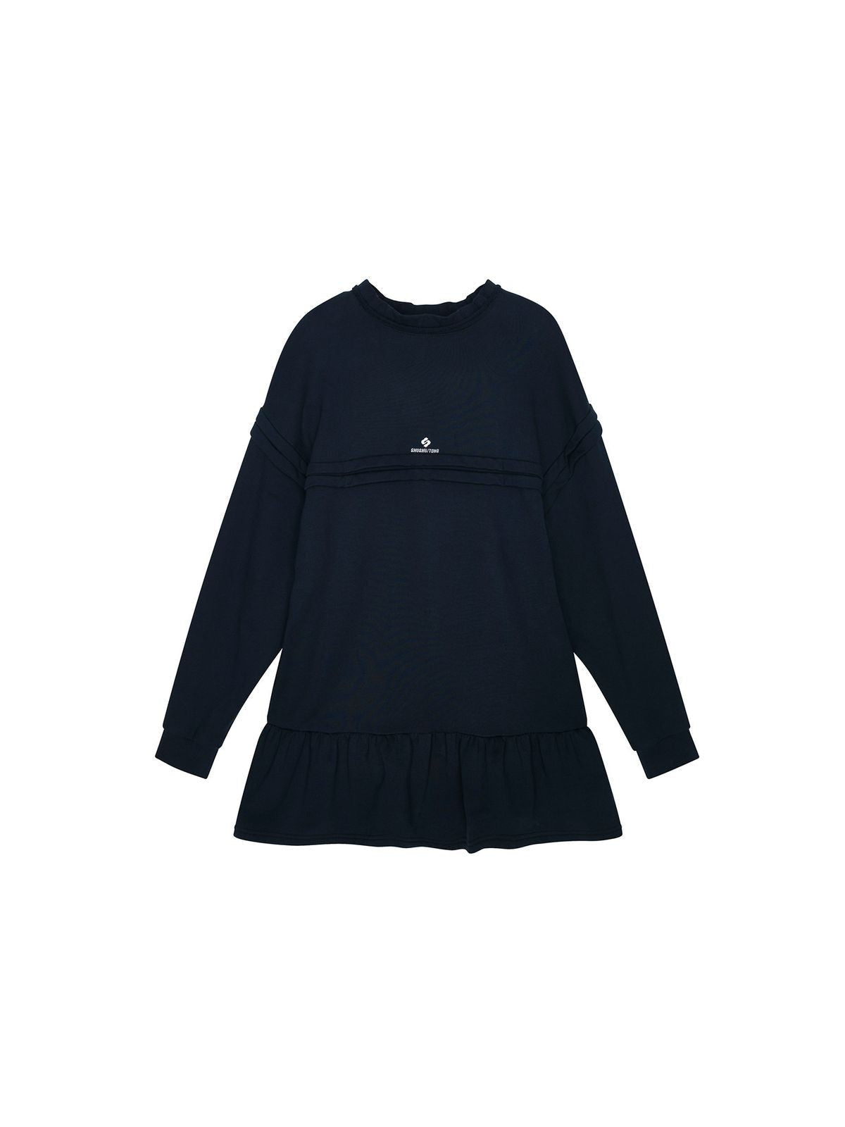 SHUSHUTONG Raw Edge Scalloped Sweatshirt Dress in Navy Blue