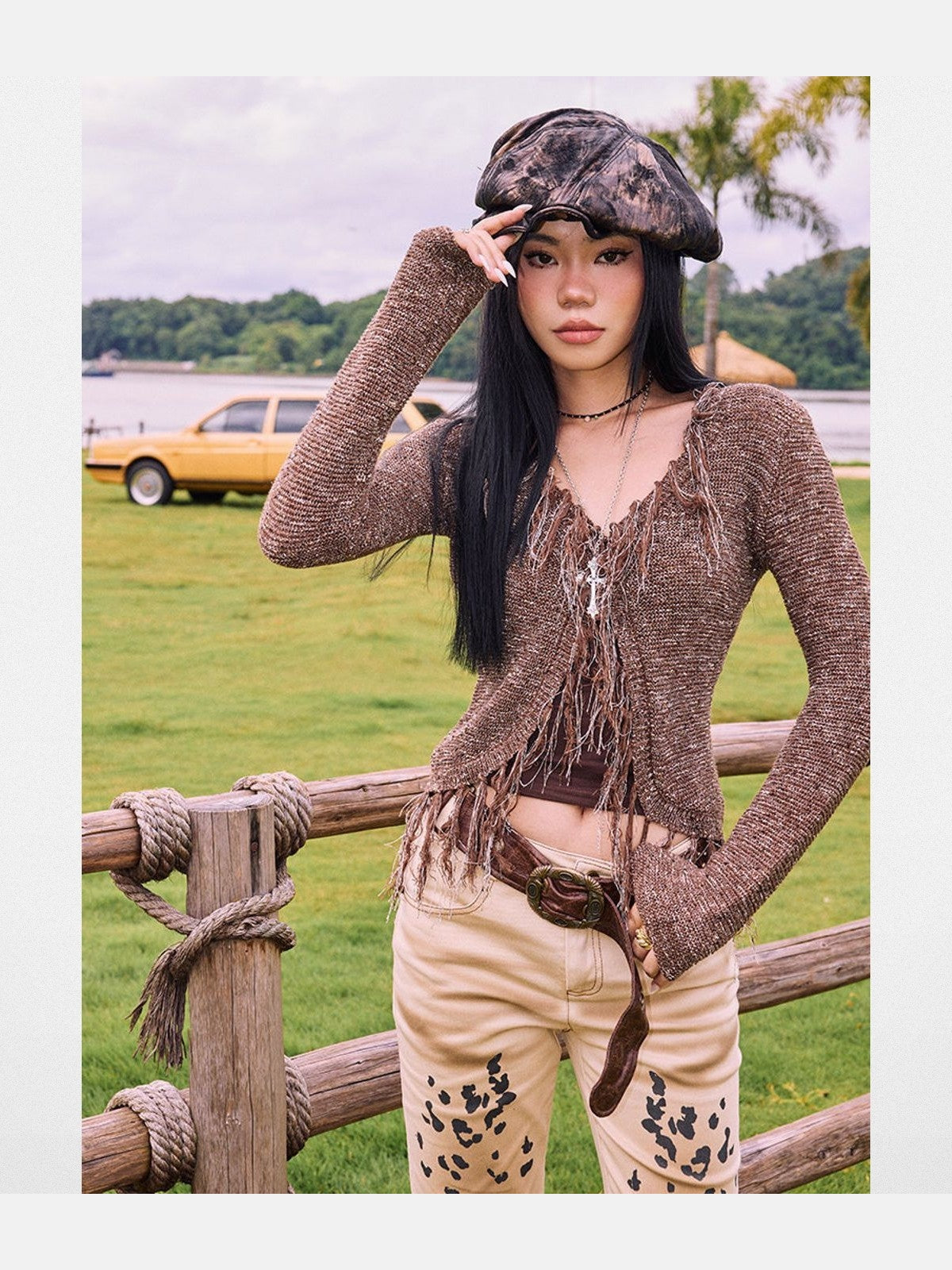 BeerBro Western Fringe Wool Cardigan in Beige