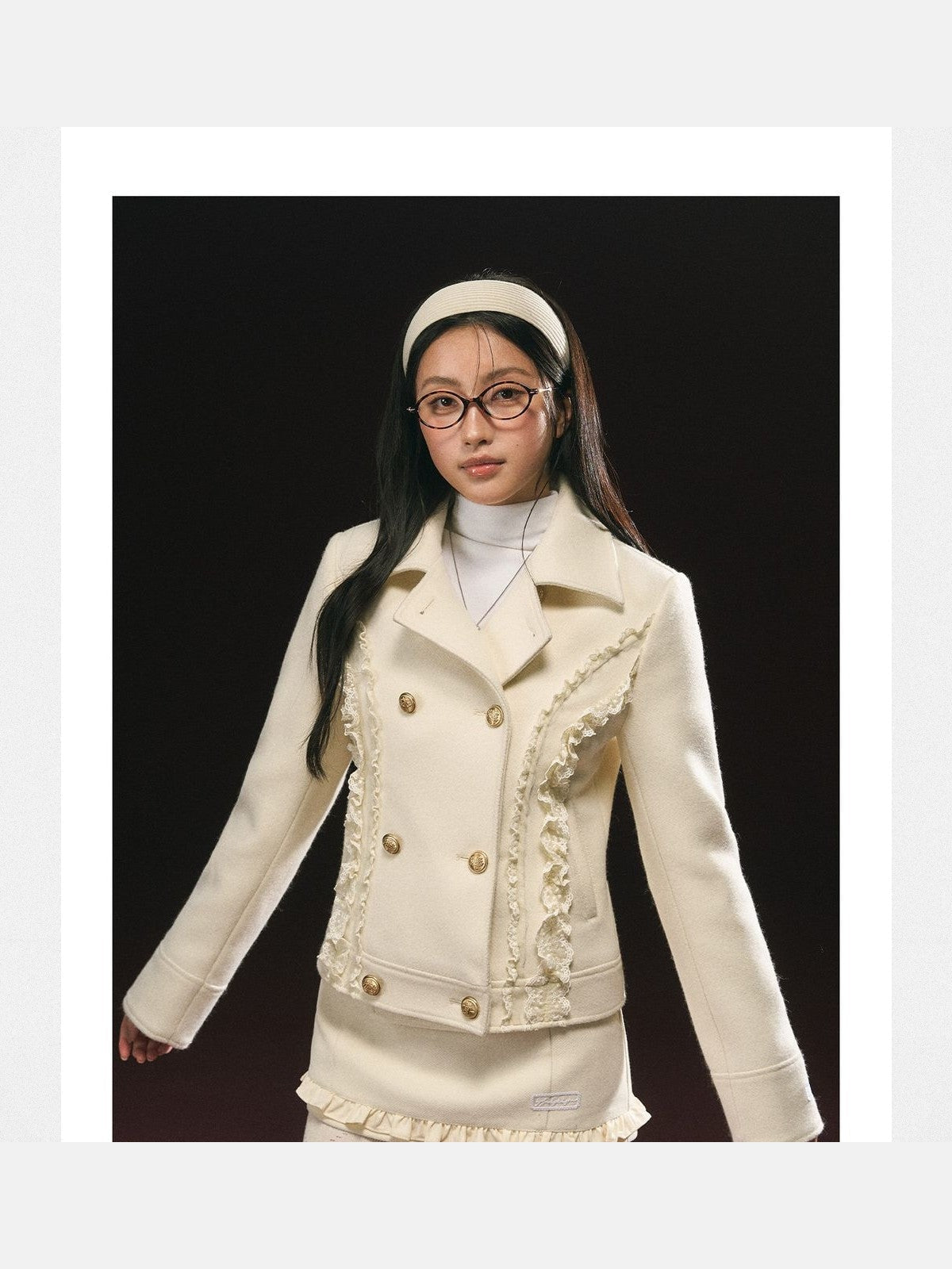 ARISEISM Lace Trim Double Breasted Jacket in Off-White - On Model