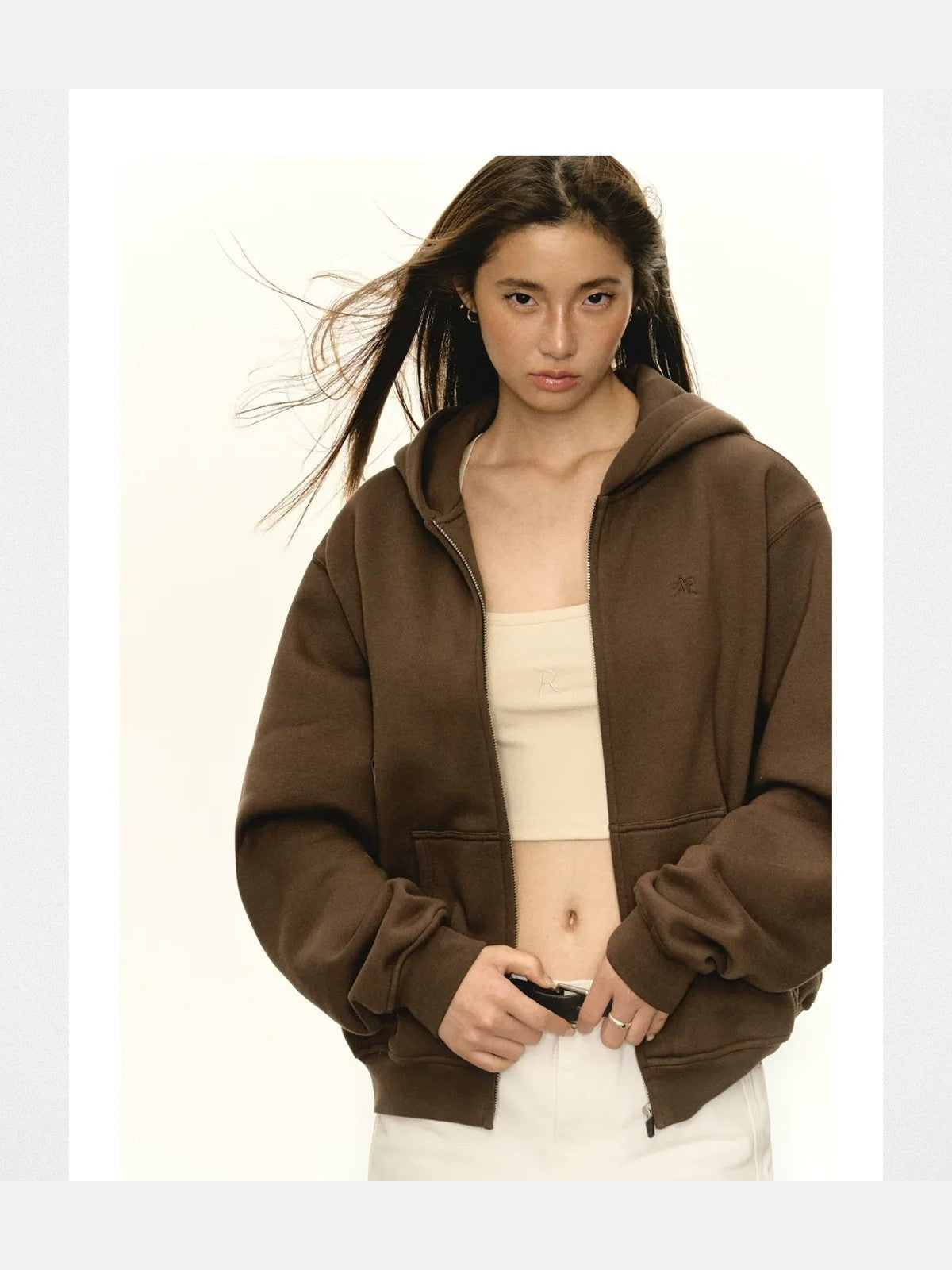 ARISEISM Oversized Cotton Blend Zip Up Hoodie in Brown - On Model
