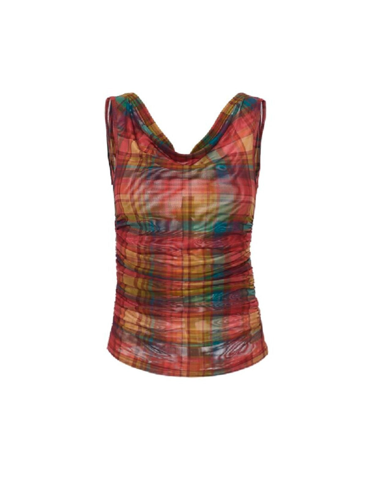 Amee Ruched Plaid Mesh Top in Red