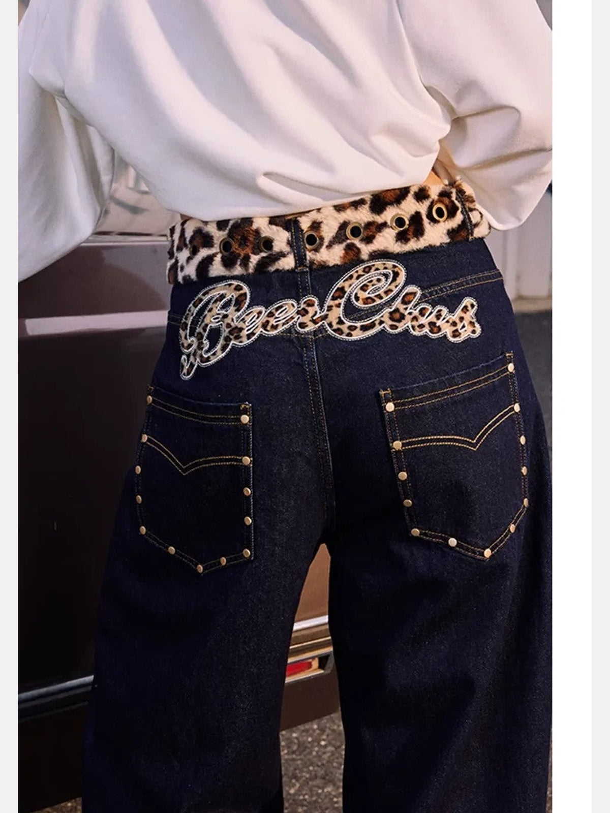 BeerBro Leopard Cuff Wide Leg Jeans in Blue - On Model