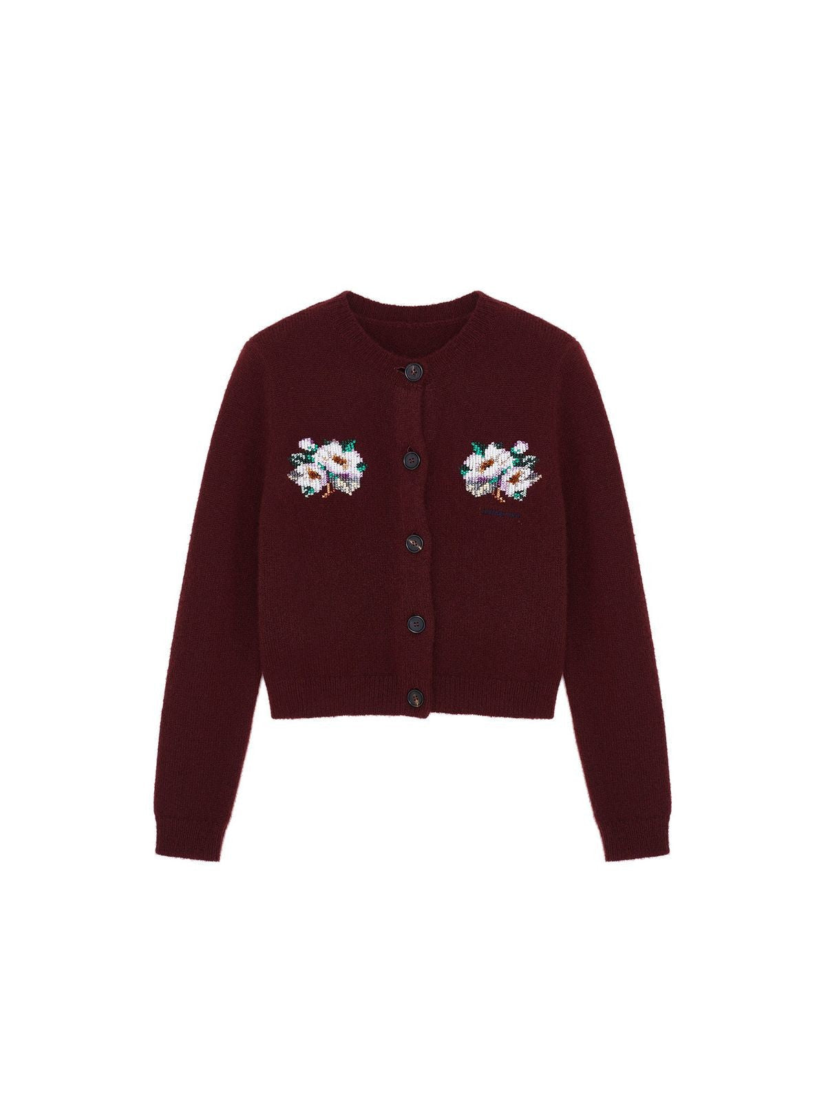 SHUSHU/TONG Beaded Floral Cashmere Cardigan in Burgundy