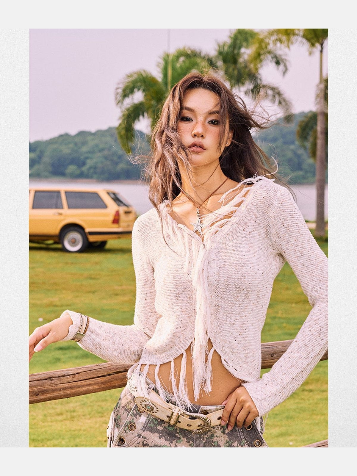 BeerBro Western Fringe Wool Cardigan in Beige