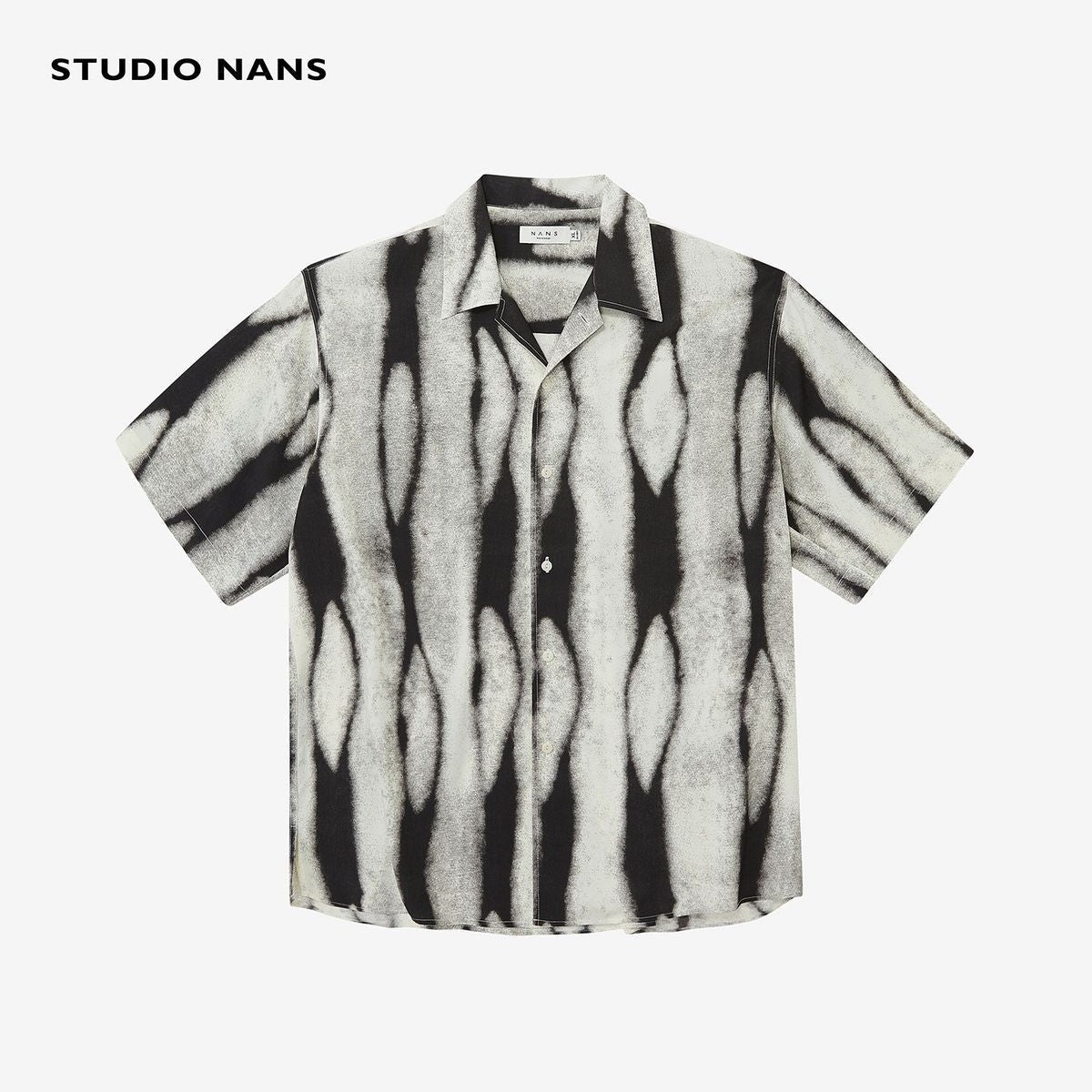 NANS Ink Splash Print Cuban Collar Shirt in Black