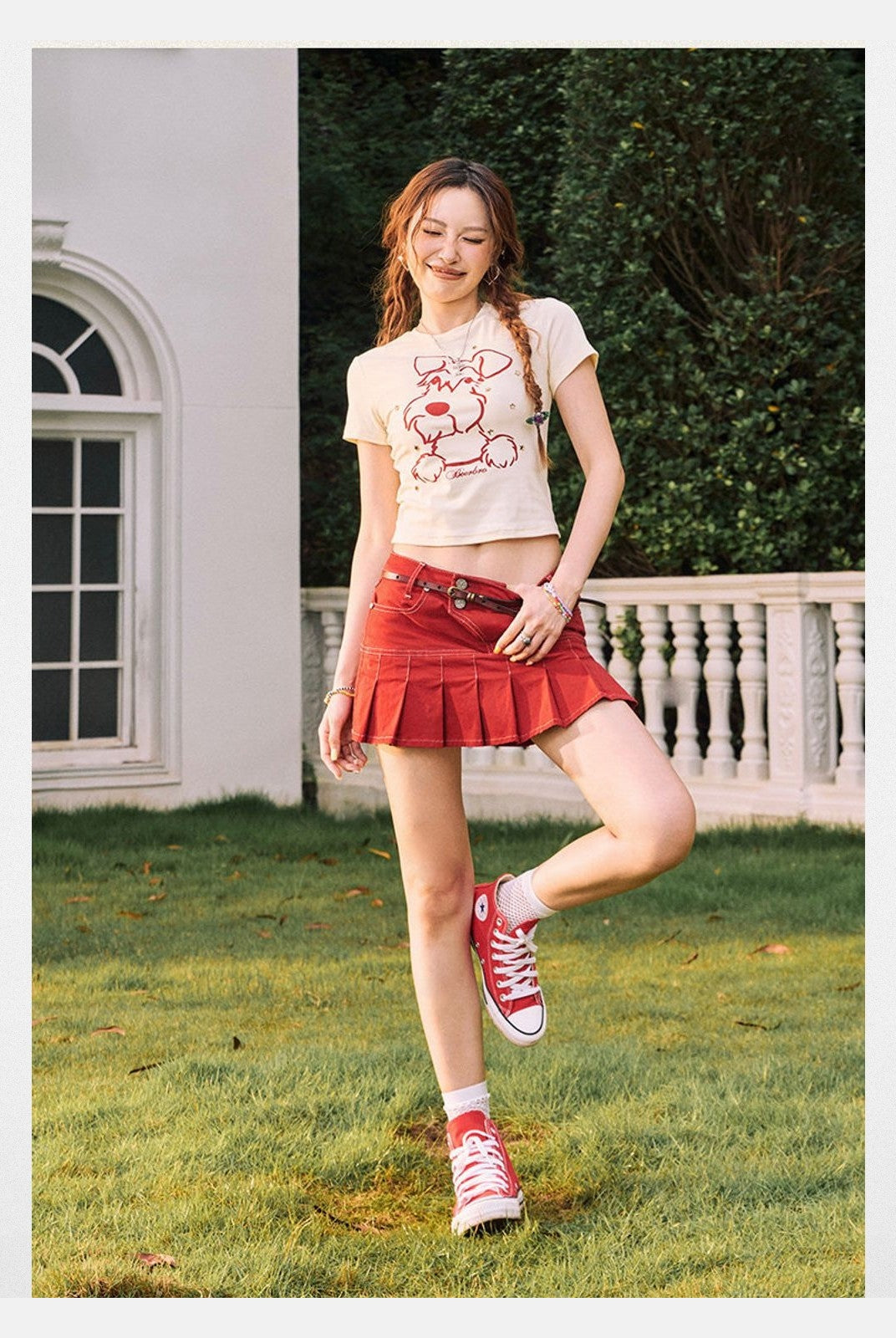 BeerBro Schnauzer Rhinestone Cropped Tee in Cream - On Model