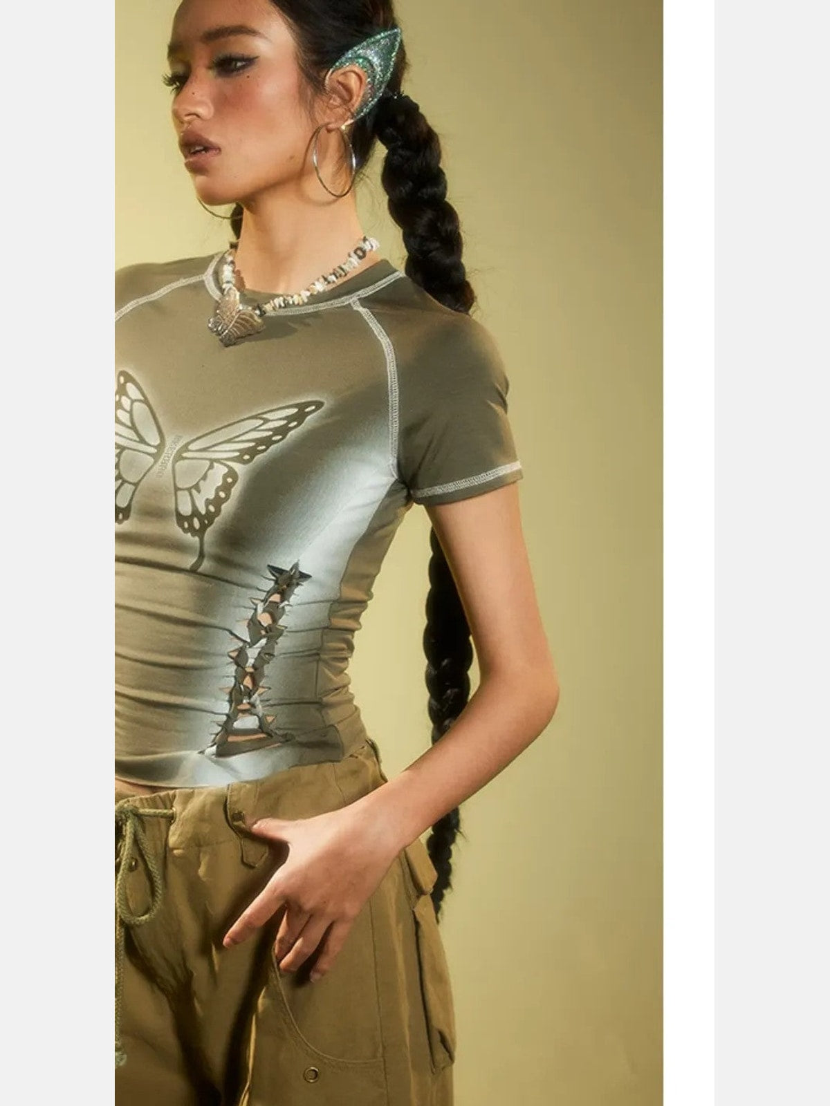 BeerBro Airbrush Butterfly Cutout Tee in Olive - On Model