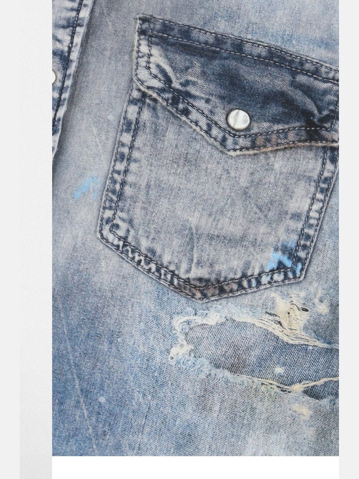 SOD Co. Distressed Ink Splatter Denim Shirt in Blue - Detail