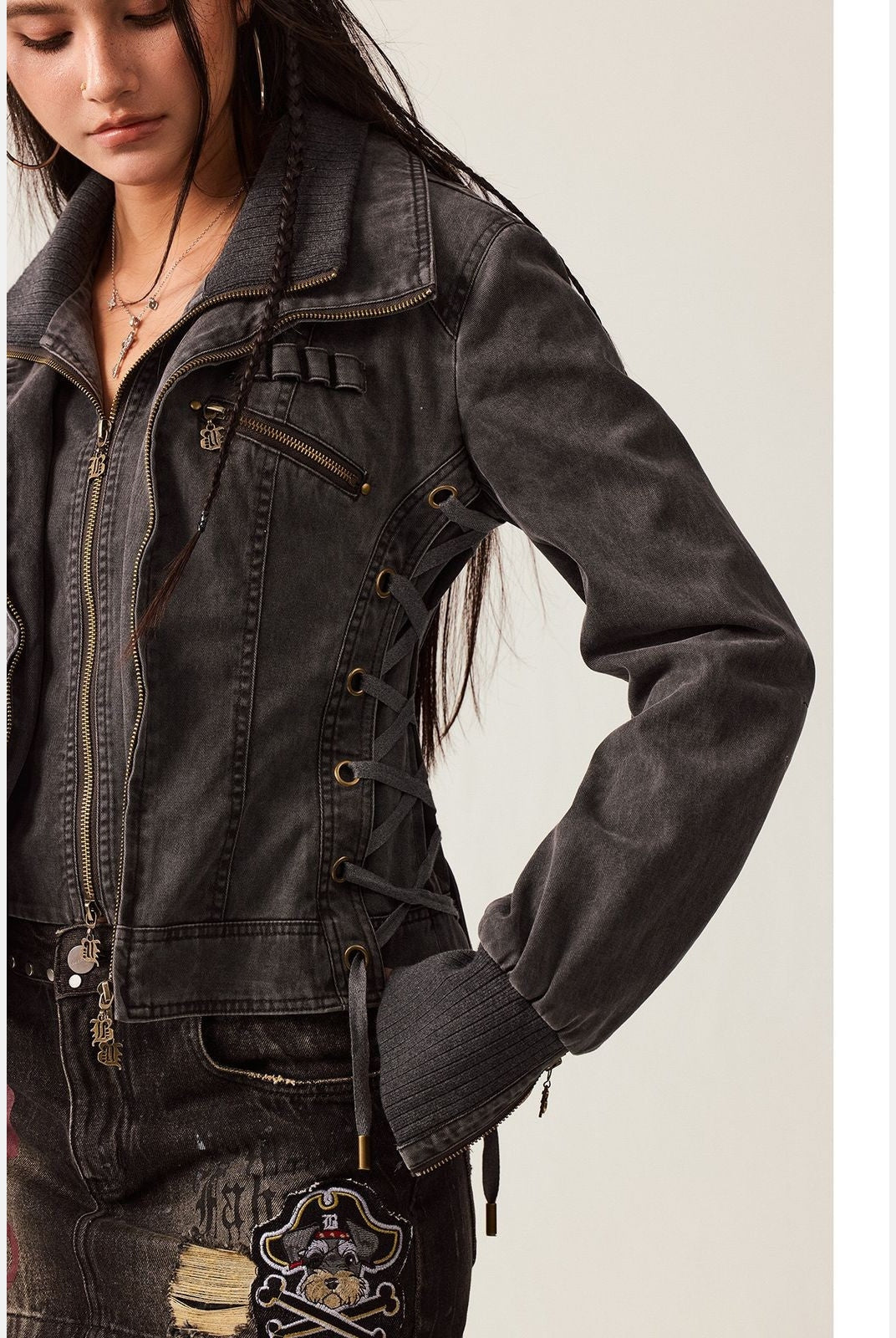 BeerBro Mock Layer Cotton Biker Jacket in Gray - On Model