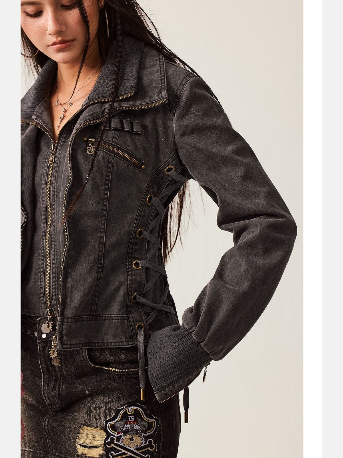 BeerBro Mock Layer Cotton Biker Jacket in Gray - On Model