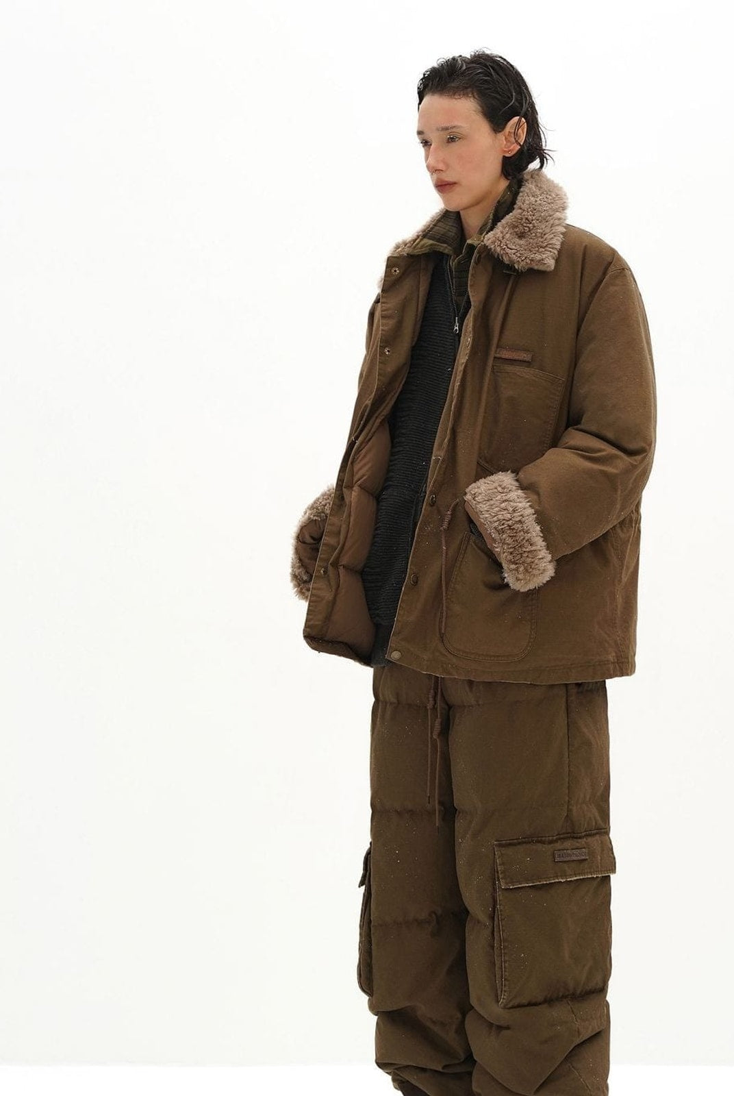 MasonPrince Sherpa Collar Down Puffer in Green - On Model