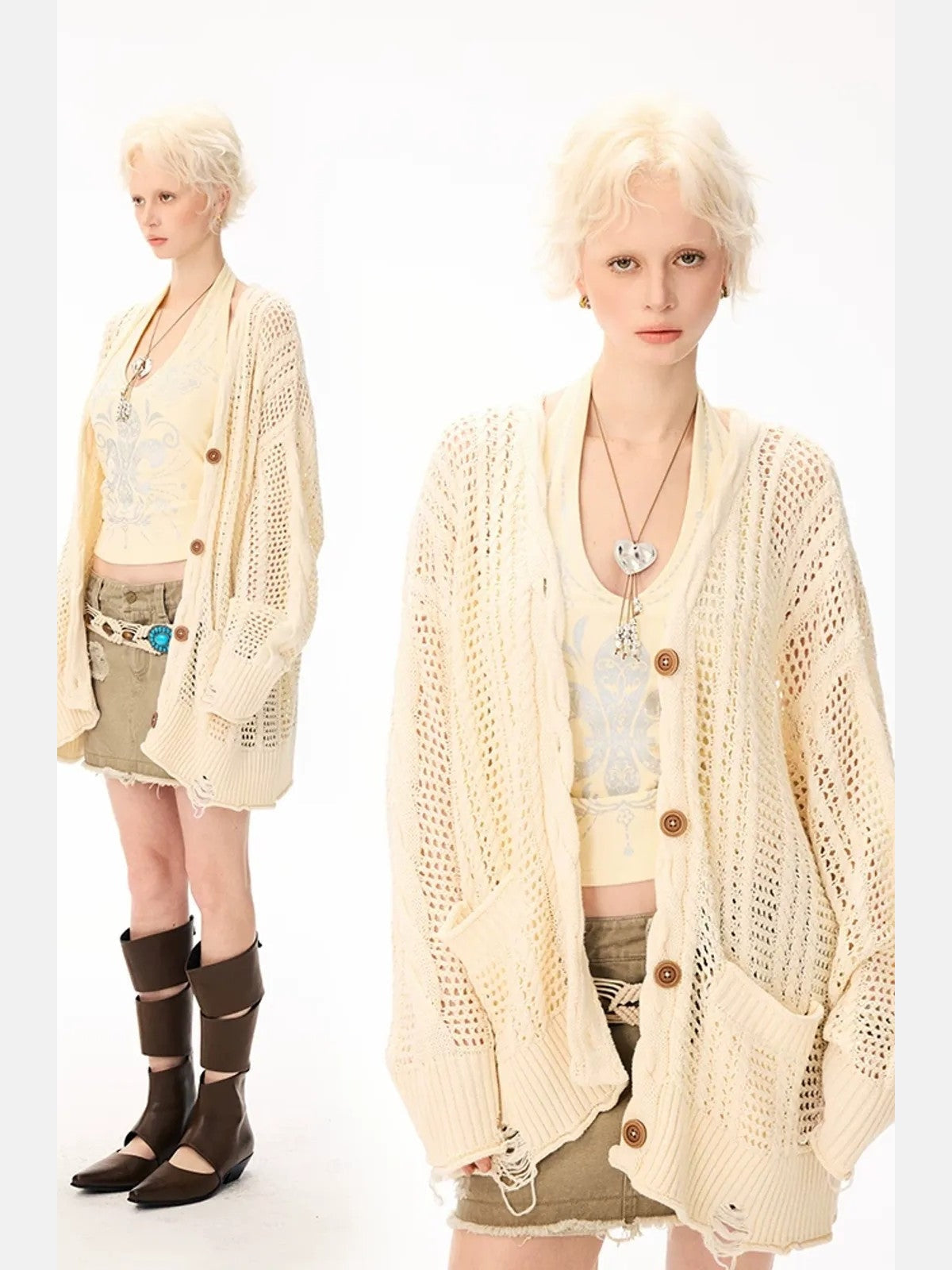 BeerBro Wool Pointelle Knit Cardigan in White - On Model