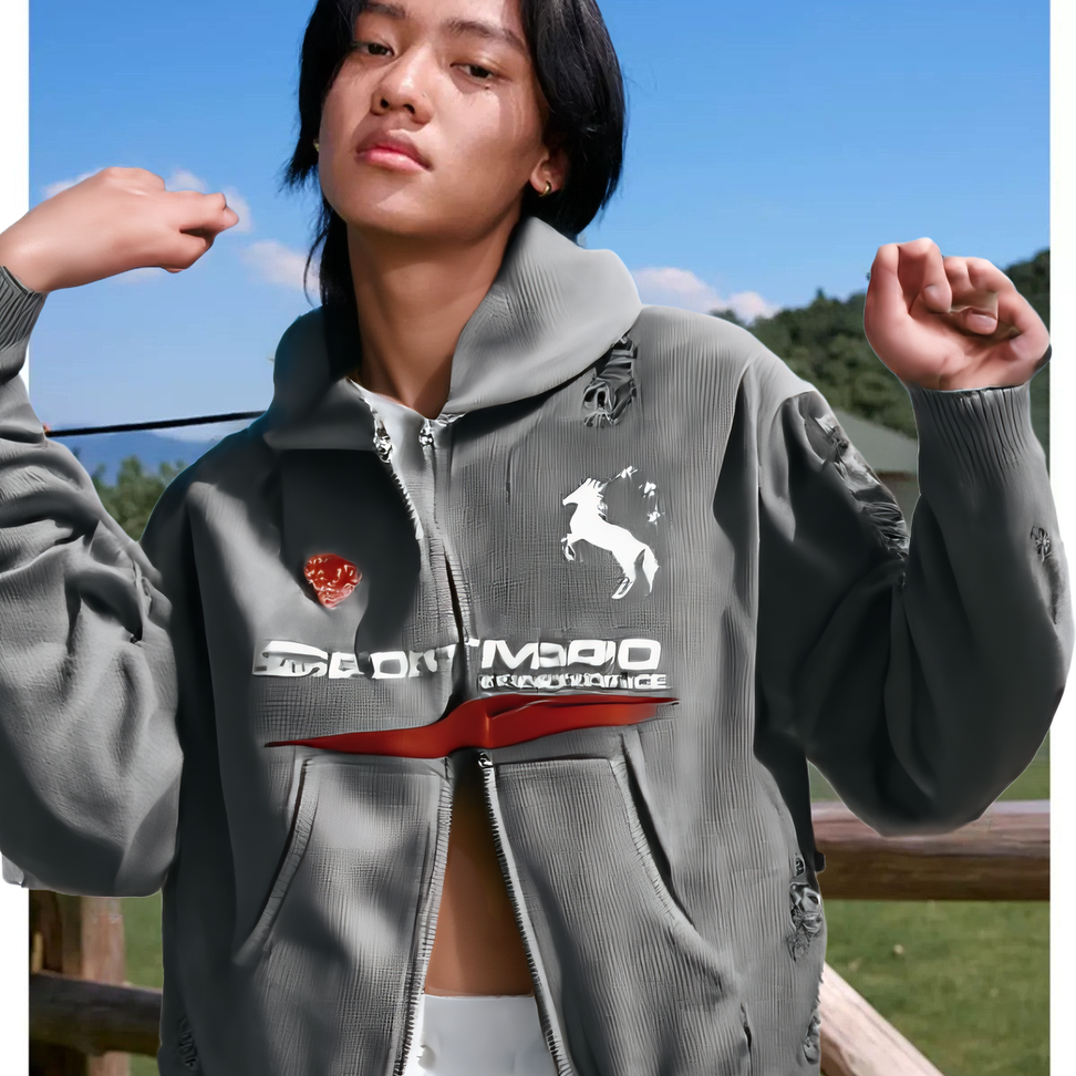 Distressed Horse Graphic Zip Hoodie in Gray - Male Model #color_gray