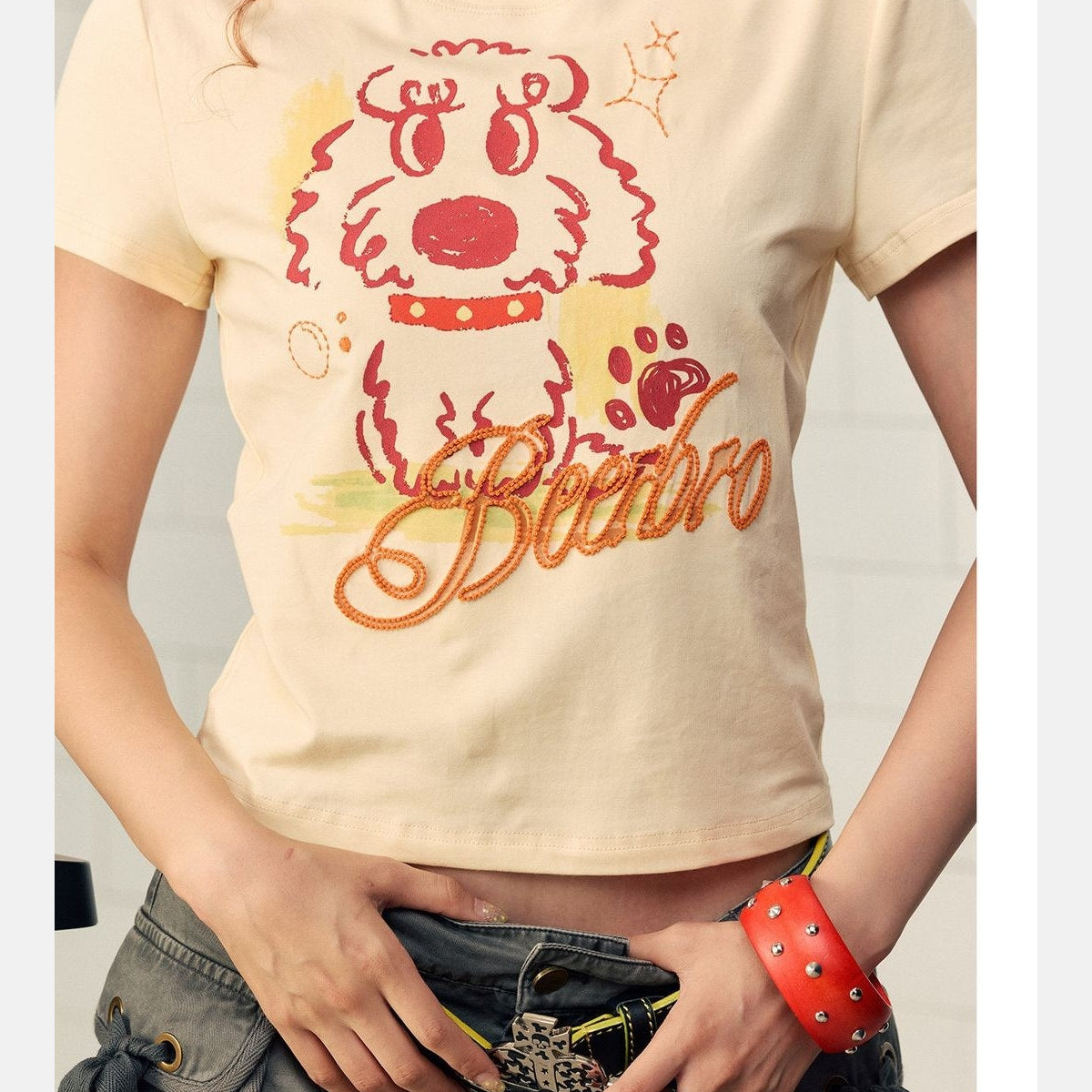 BeerBro Puff Print Puppy Baby Tee in Cream - On Model