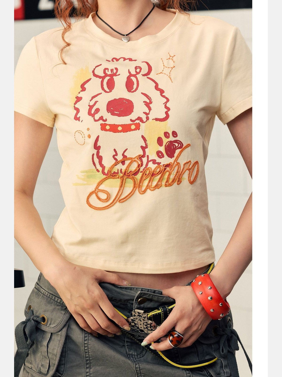 BeerBro Puff Print Puppy Baby Tee in Cream - On Model