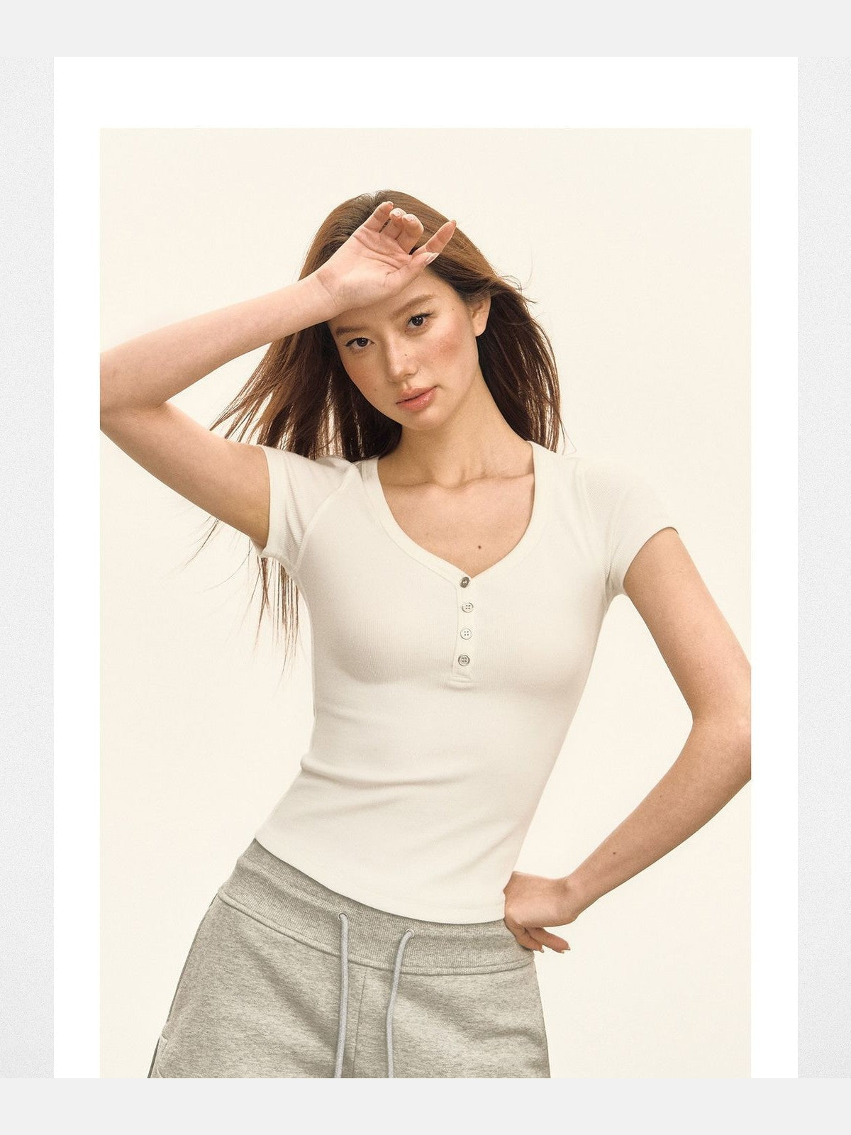 Ariseism Ribbed Knit Henley Tee in White - On Model