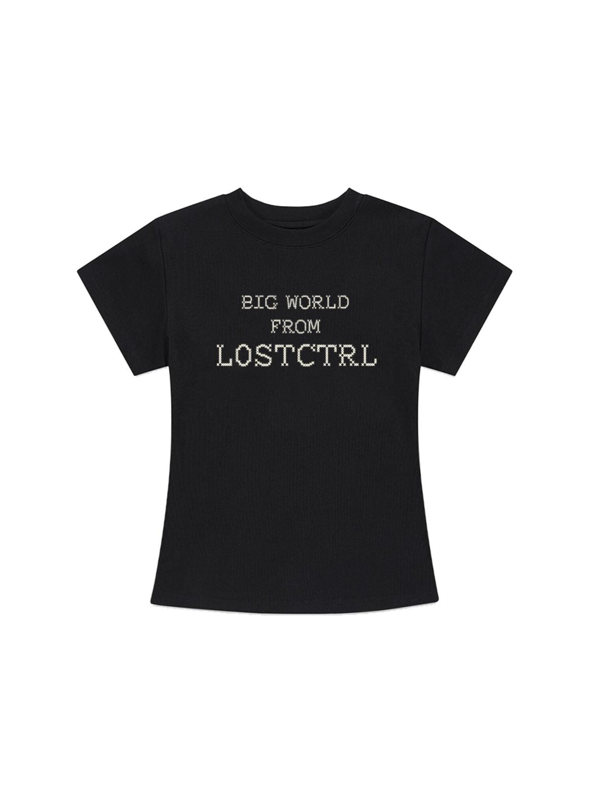 LOSTCTRL Cross Stitch Logo Cropped Tee in Black