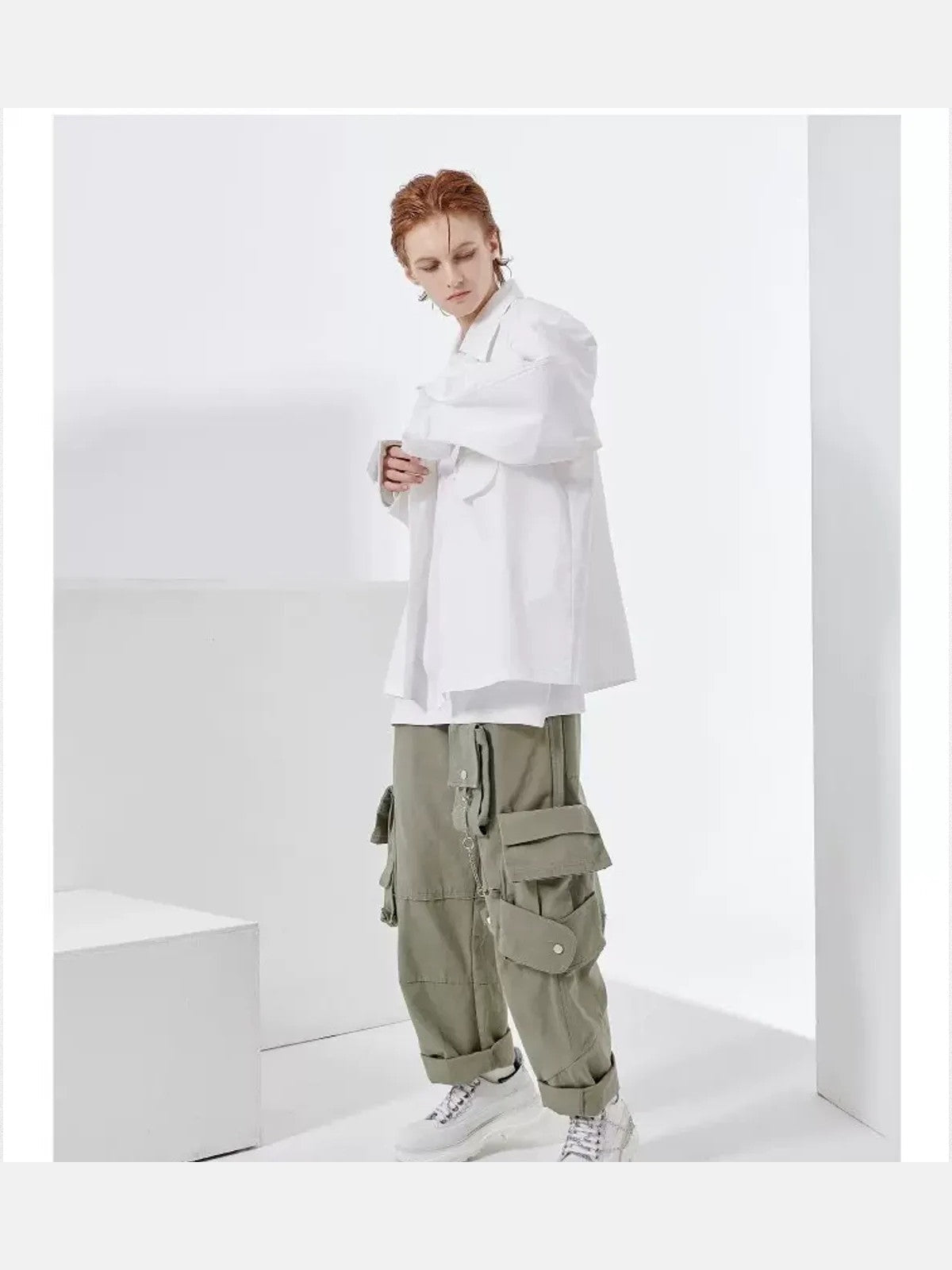 LOSTCTRL Distressed Raw Edge Cargo Pants in Olive