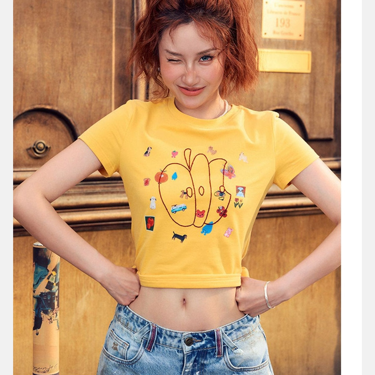 BeerBro Embroidered Apple Crop Tee in Yellow - On Model