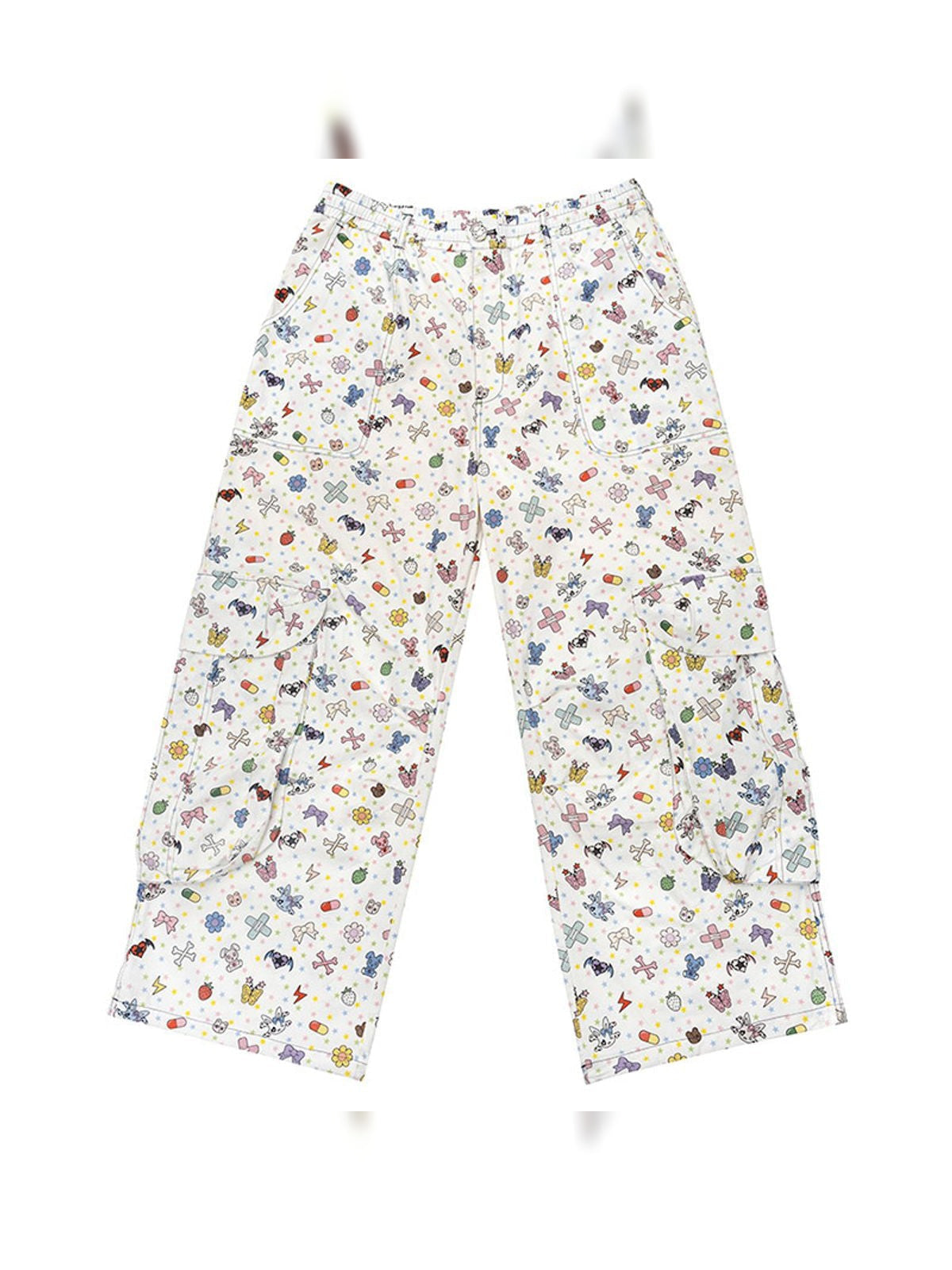 CFIERCE Sticker Print Wide Leg Cargo Pants in White