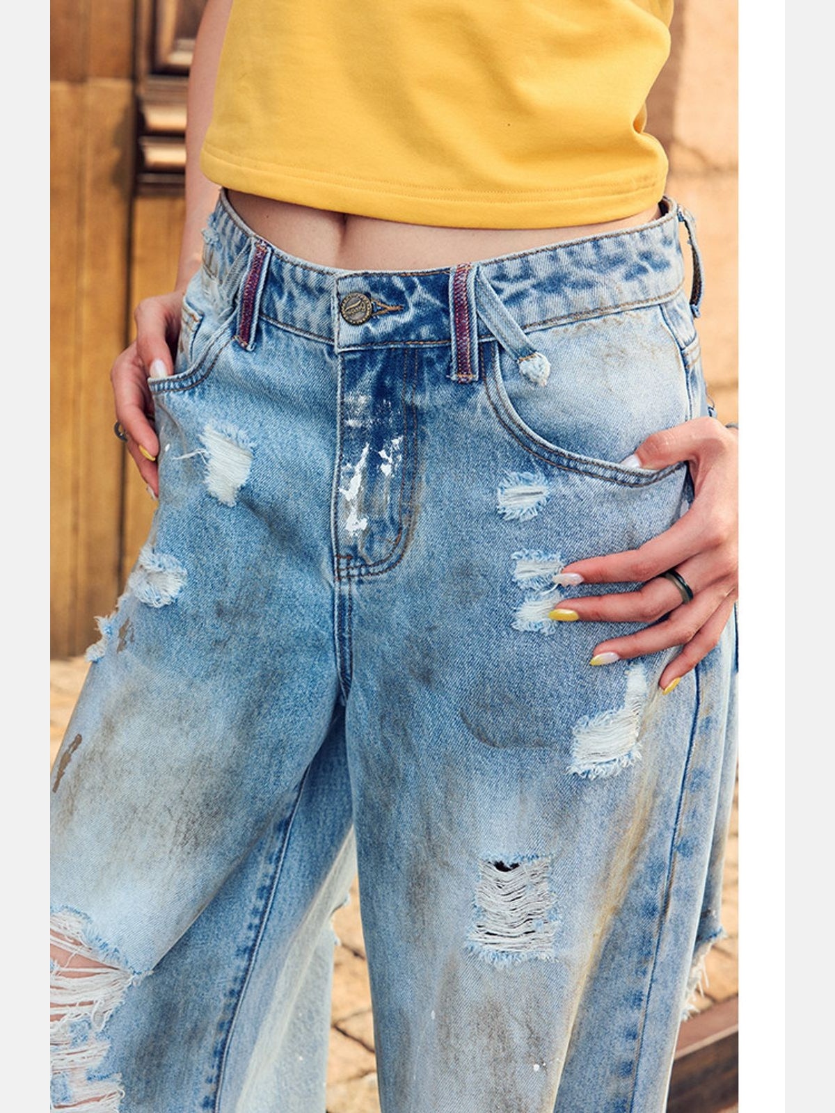 BeerBro Distressed Dirty Wash Relaxed Jeans in Blue - On Model