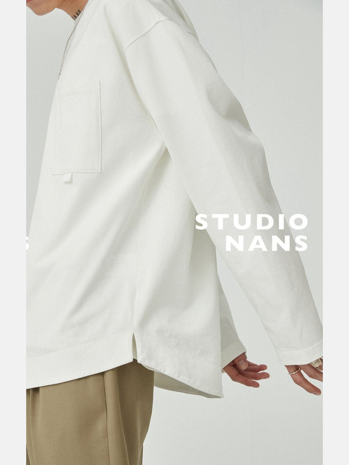 NANS Webbing Strap Pocket Long Sleeve Tee in White - On Model