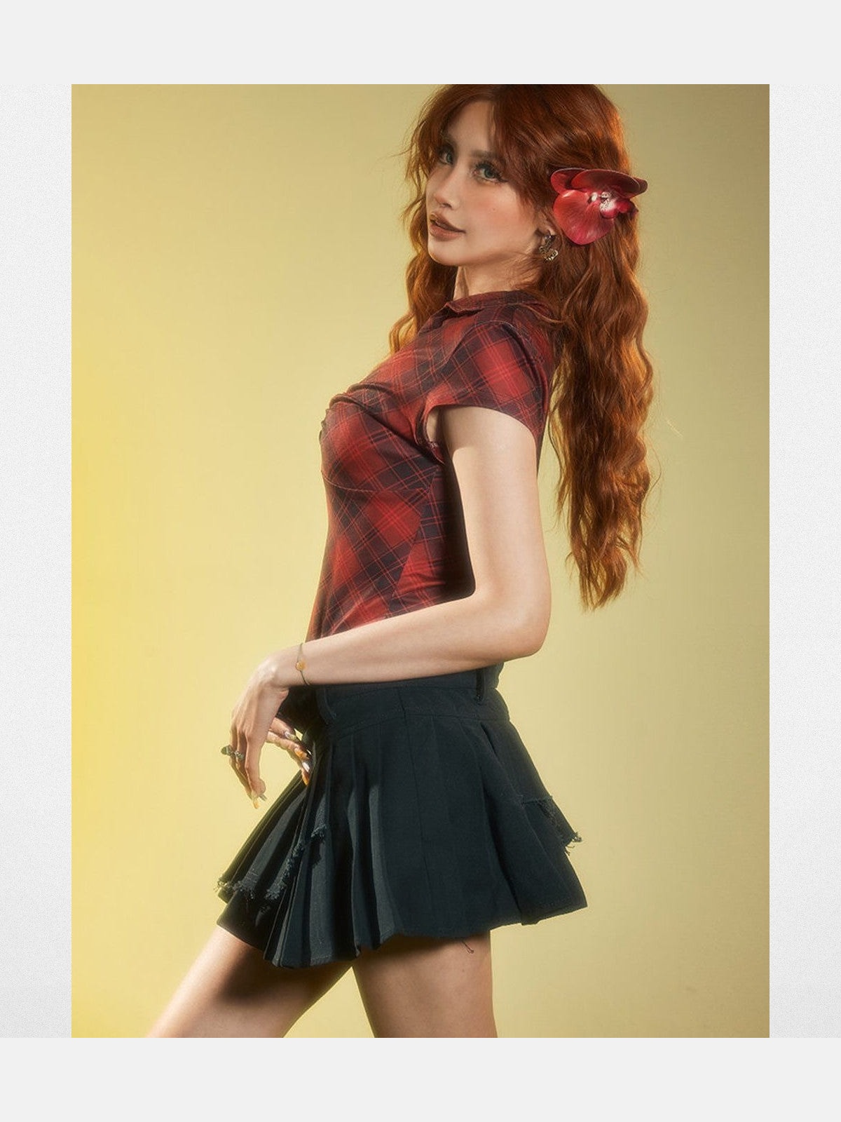 BeerBro Plaid V Neck Collared Top in Burgundy - On Model