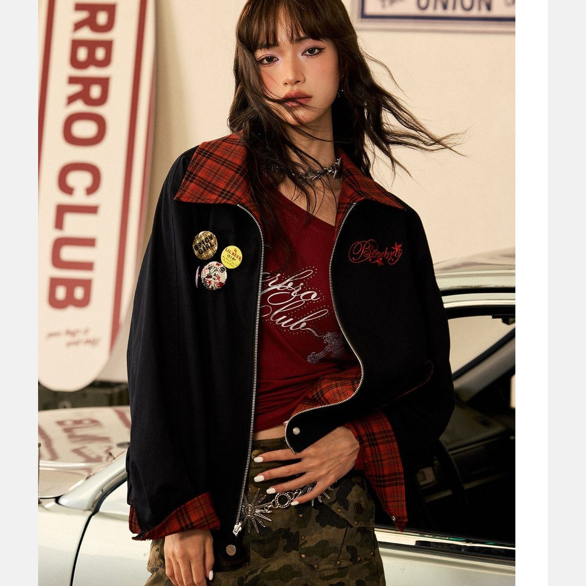 BeerBro Reversible Plaid Twill Jacket in Black - On Model