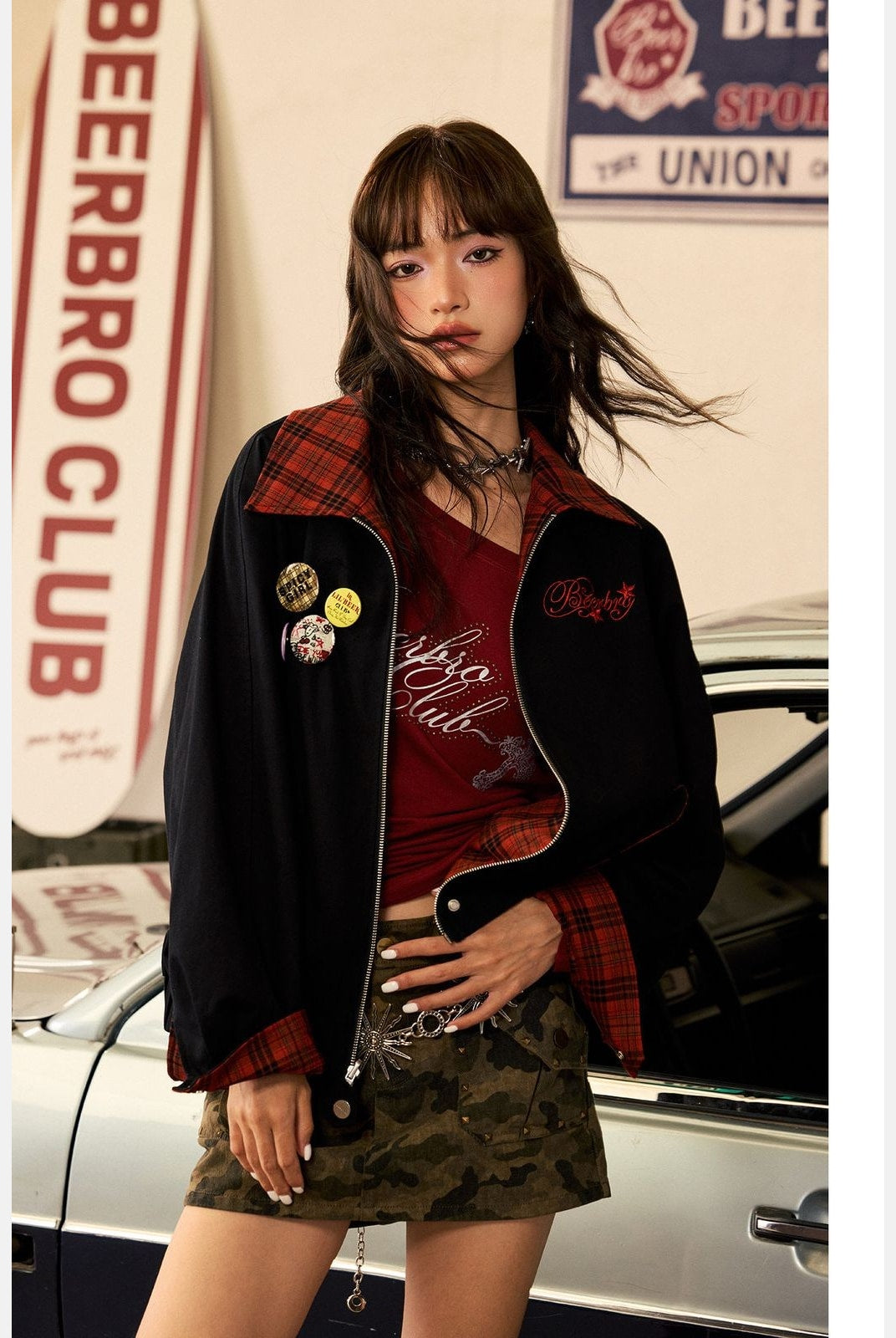 BeerBro Reversible Plaid Twill Jacket in Black - On Model