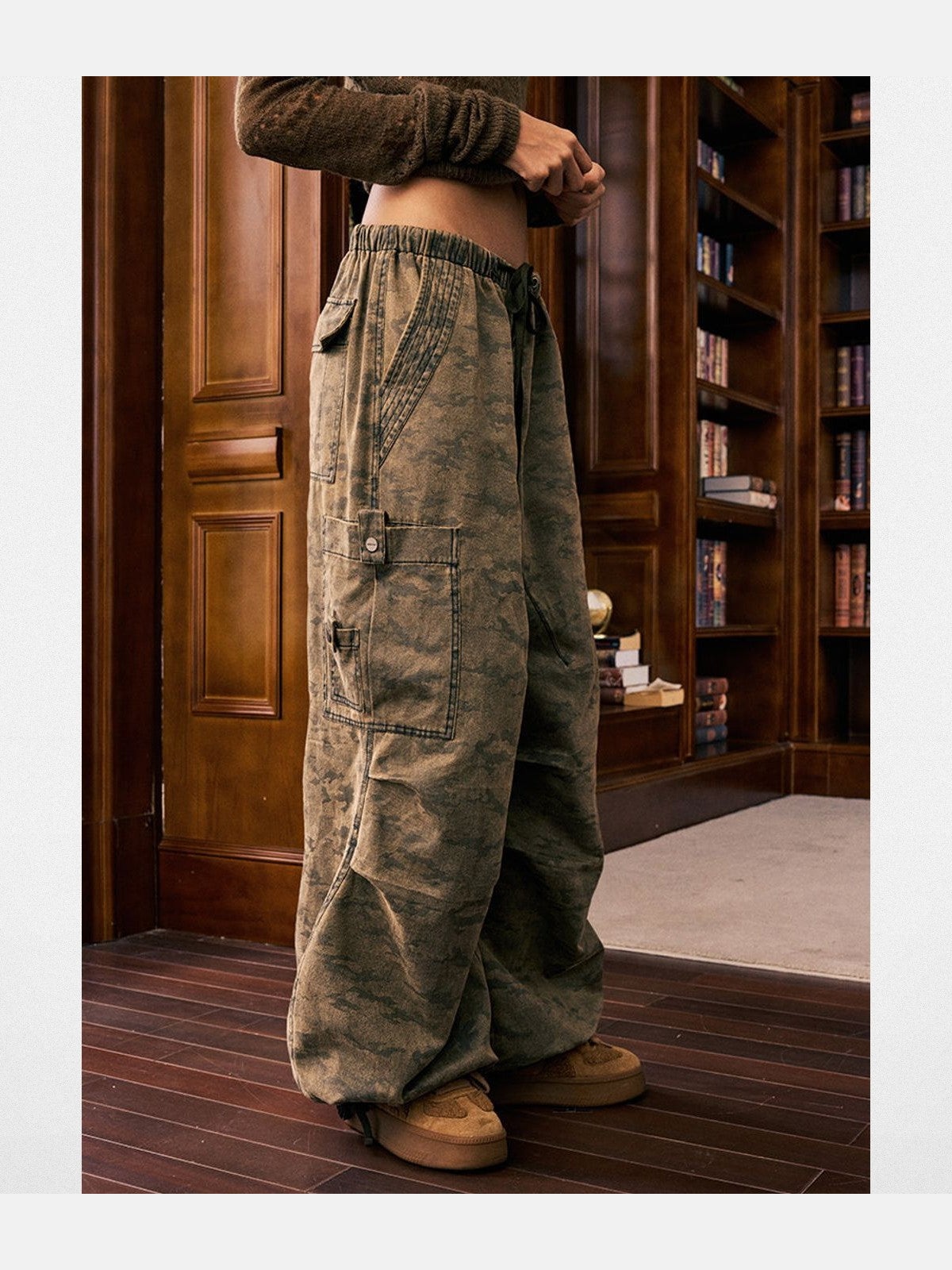 BeerBro Washed Camo Parachute Cargo Pants in Olive - On Model